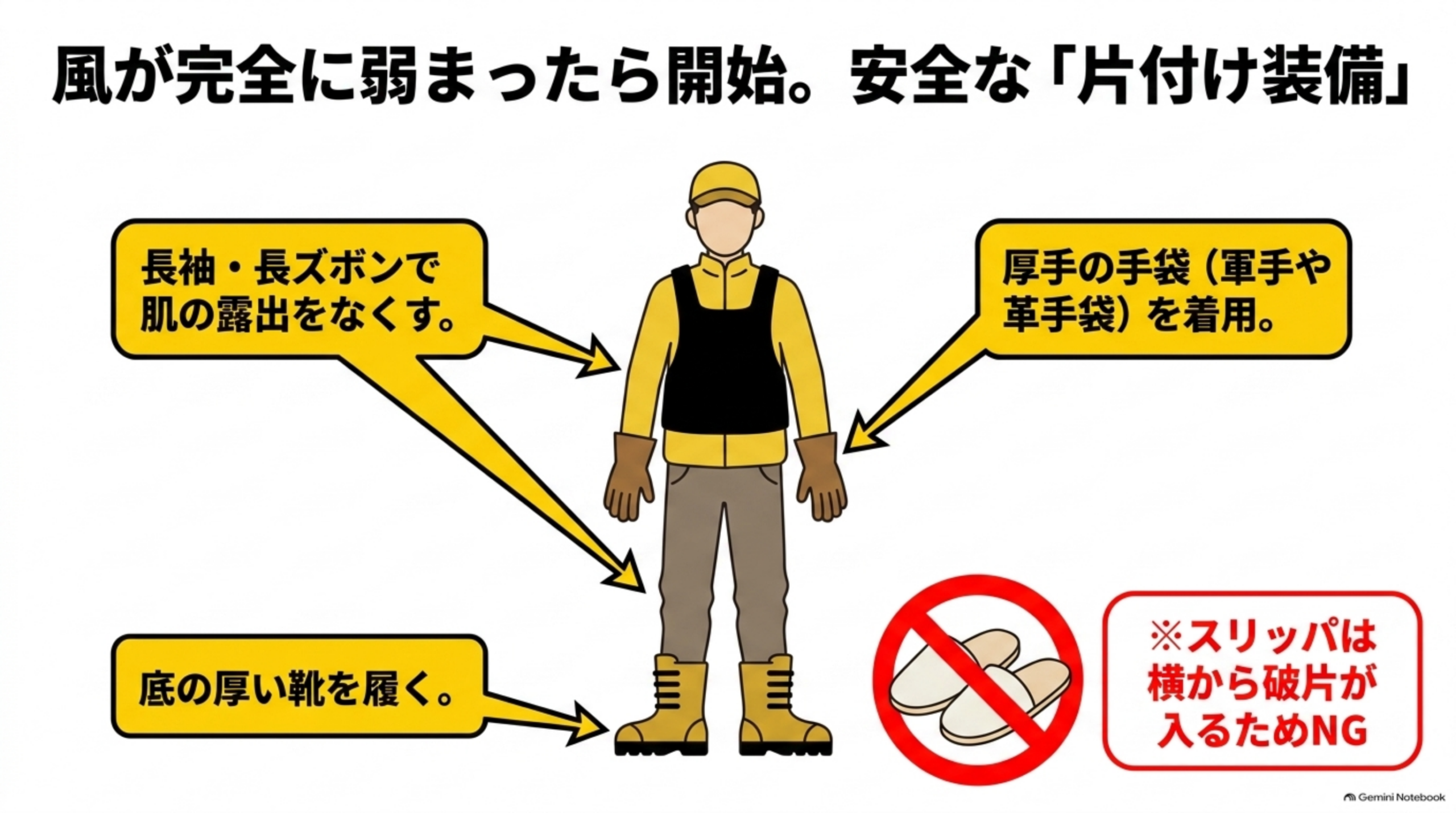風が完全に弱まったら開始。安全な「片付け装備」という図解。長袖・長ズボンで肌の露出をなくす、厚手の手袋（軍手や革手袋）を着用、底の厚い靴を履くという3つの矢印付き吹き出しと、防護服姿の人物イラスト、右下に「スリッパは横から破片が入るためNG」という警告付きの禁止マーク