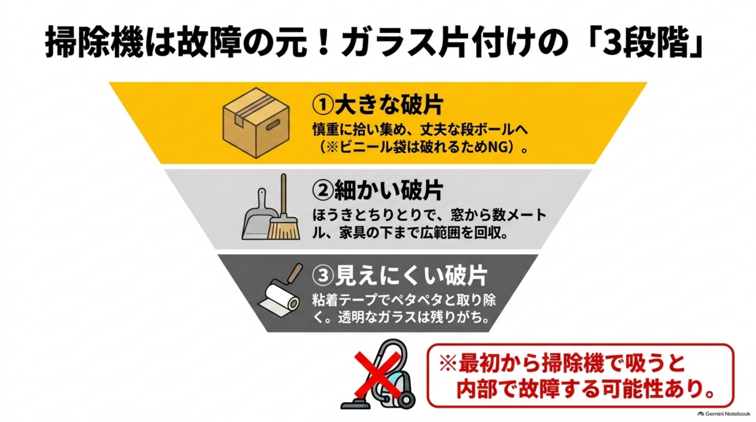 掃除機は故障の元！ガラス片付けの「3段階」という図解。①大きな破片（慎重に拾い集め、丈夫な段ボールへ、※ビニール袋は破れるためNG）、②細かい破片（ほうきとちりとりで、窓から数メートル、家具の下まで広範囲を回収）、③見えにくい破片（粘着テープでペタペタと取り除く、透明なガラスは残りがち）という3段階の逆三角形の図解、下部に「最初から掃除機で吸うと内部で故障する可能性あり」という禁止マーク付き注意書き