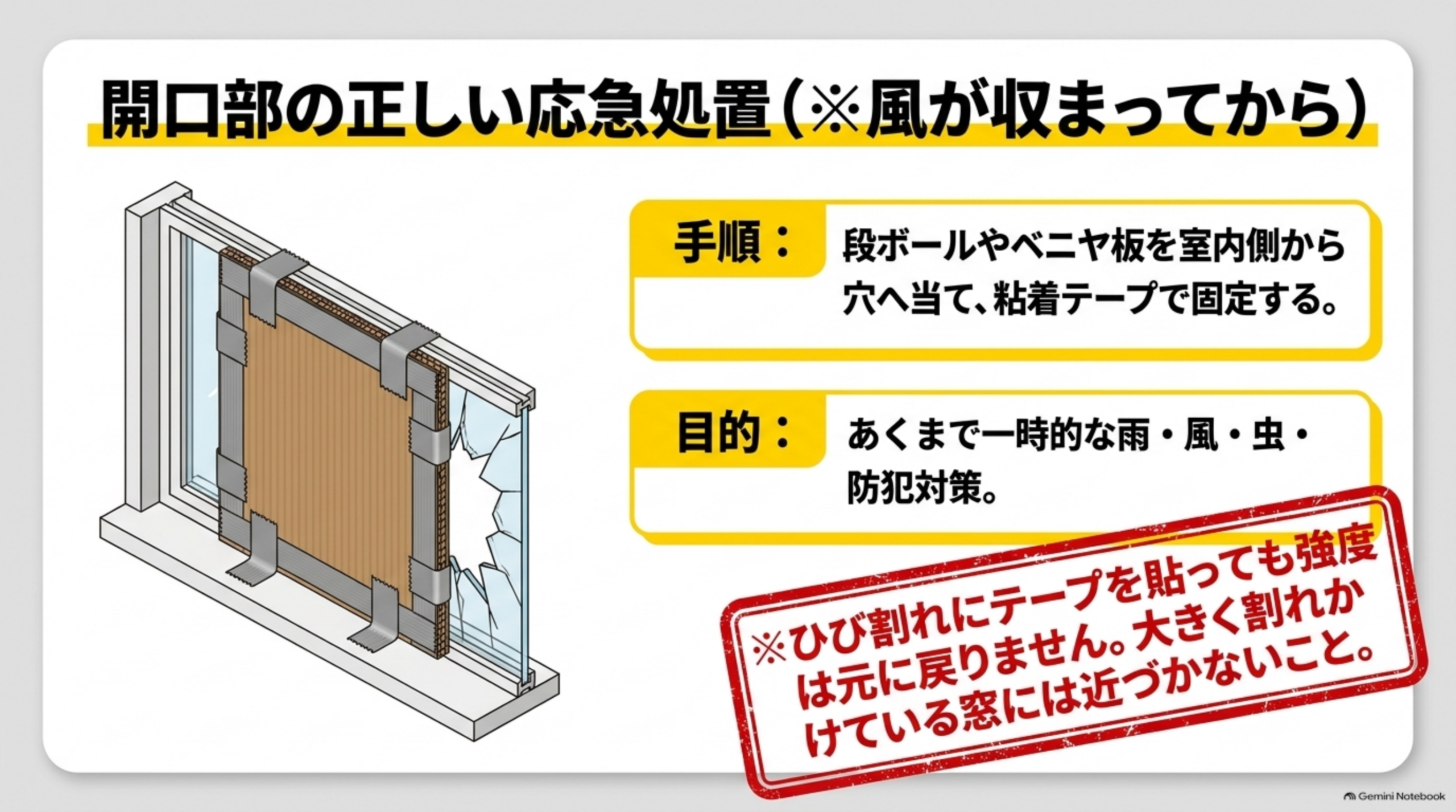 開口部の正しい応急処置（※風が収まってから）という図解。手順：段ボールやベニヤ板を室内側から穴へそっと当て、粘着テープで固定する。目的：あくまで一時的な雨・風・虫・防犯対策。というサッシに段ボールを粘着テープで固定するイラストと、下部に赤いスタンプ枠で「ひび割れにテープを貼っても強度は元に戻りません。大きく割れかけている窓には近づかないこと」という警告文