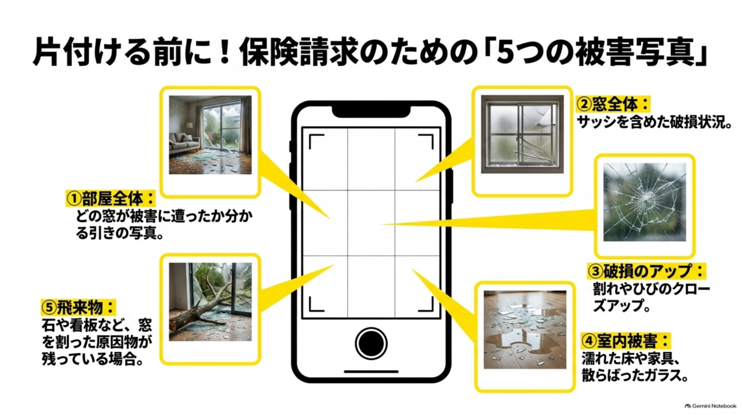 片付ける前に！保険請求のための「5つの被害写真」という図解。スマートフォンを中心に、①部屋全体（どの窓が被害に遭ったか分かる引きの写真）、②窓全体（サッシを含めた破損状況）、③破損のアップ（割れやひびのクローズアップ）、④室内被害（濡れた床や家具、散らばったガラス）、⑤飛来物（石や看板など、窓を割った原因物が残っている場合）という5枚の写真example付き図解