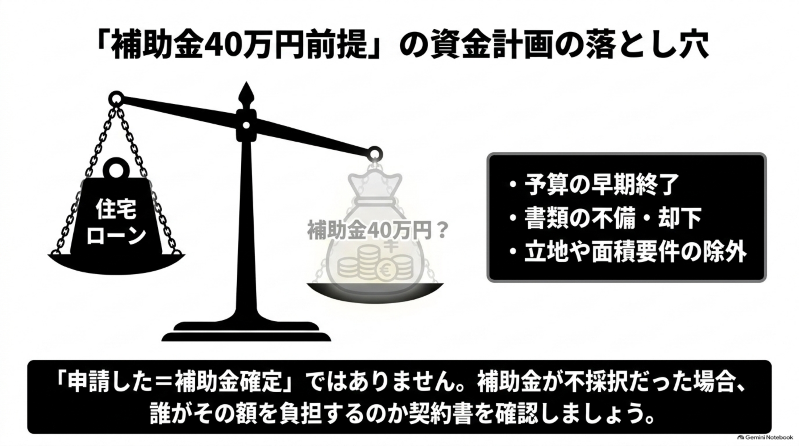 補助金40万円前提の資金計画の落とし穴。住宅ローンと補助金40万円が釣り合わないリスク、予算の早期終了・書類の不備却下・立地や面積要件の除外