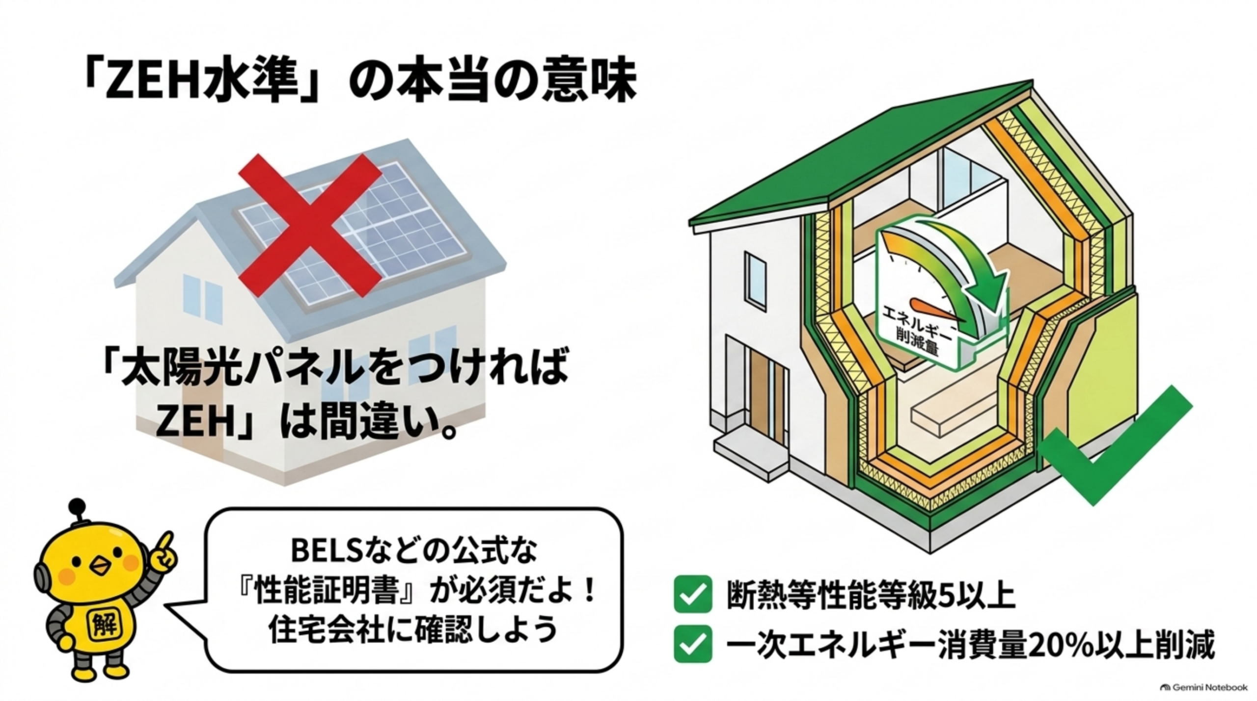 ZEH水準の本当の意味。太陽光パネルをつければZEHは間違い、断熱等性能等級5以上と一次エネルギー消費量20%以上削減が必要