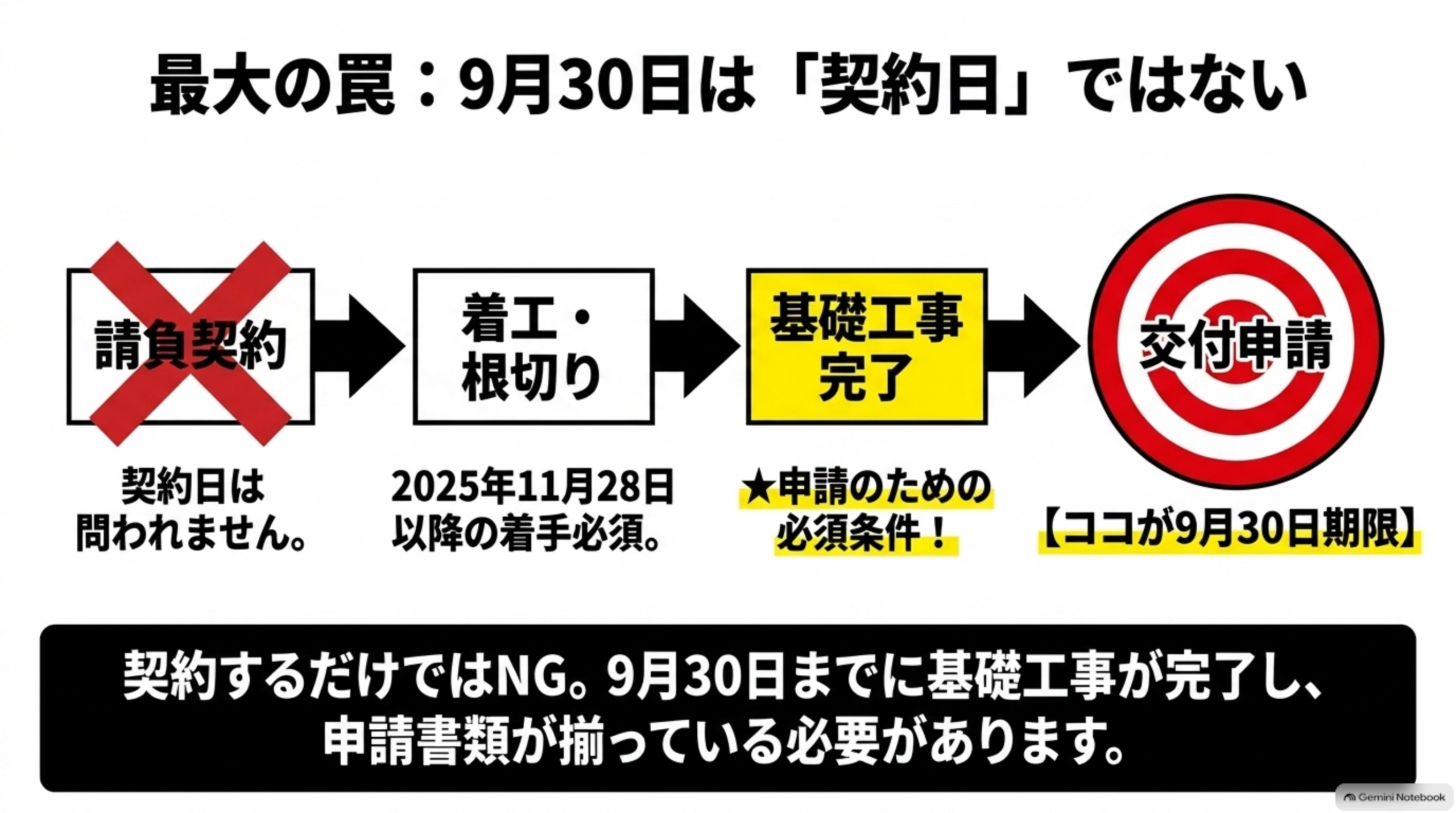 最大の罠：9月30日は契約日ではない。契約日は問われず、着工・基礎工事完了・交付申請という流れでここが期限