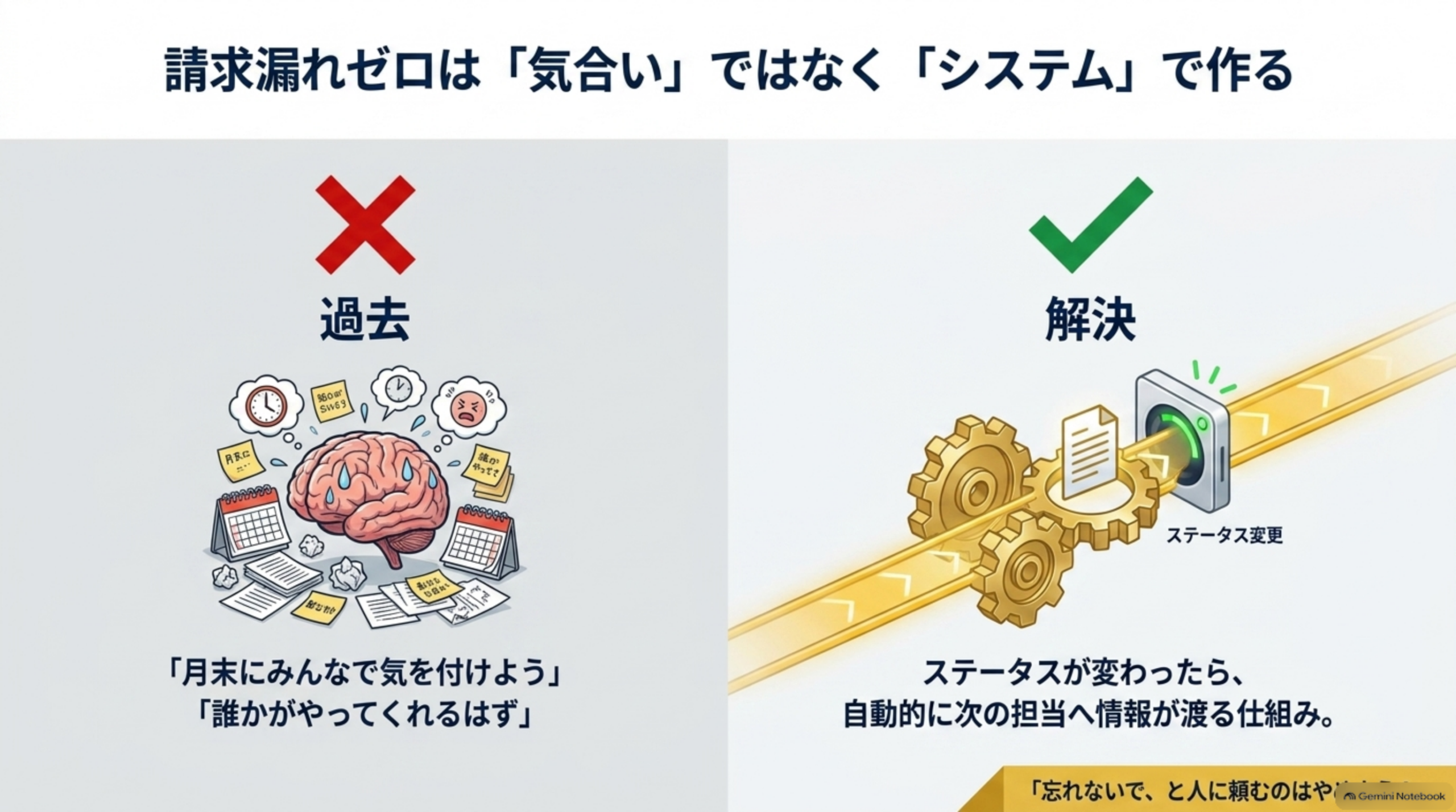 請求漏れゼロは「気合い」ではなく「システム」で作るという図解。左側「過去」として、大量の付箋とカレンダーに囲まれ汗をかく脳のイラストと「月末にみんなで気を付けよう」「誰かがやってくれるはず」という吹き出し、右側「解決」として、歯車と書類がステータス変更のスイッチへつながる金色の光の帯のイラストと「ステータスが変わったら、自動的に次の担当へ情報が渡る仕組み」という説明