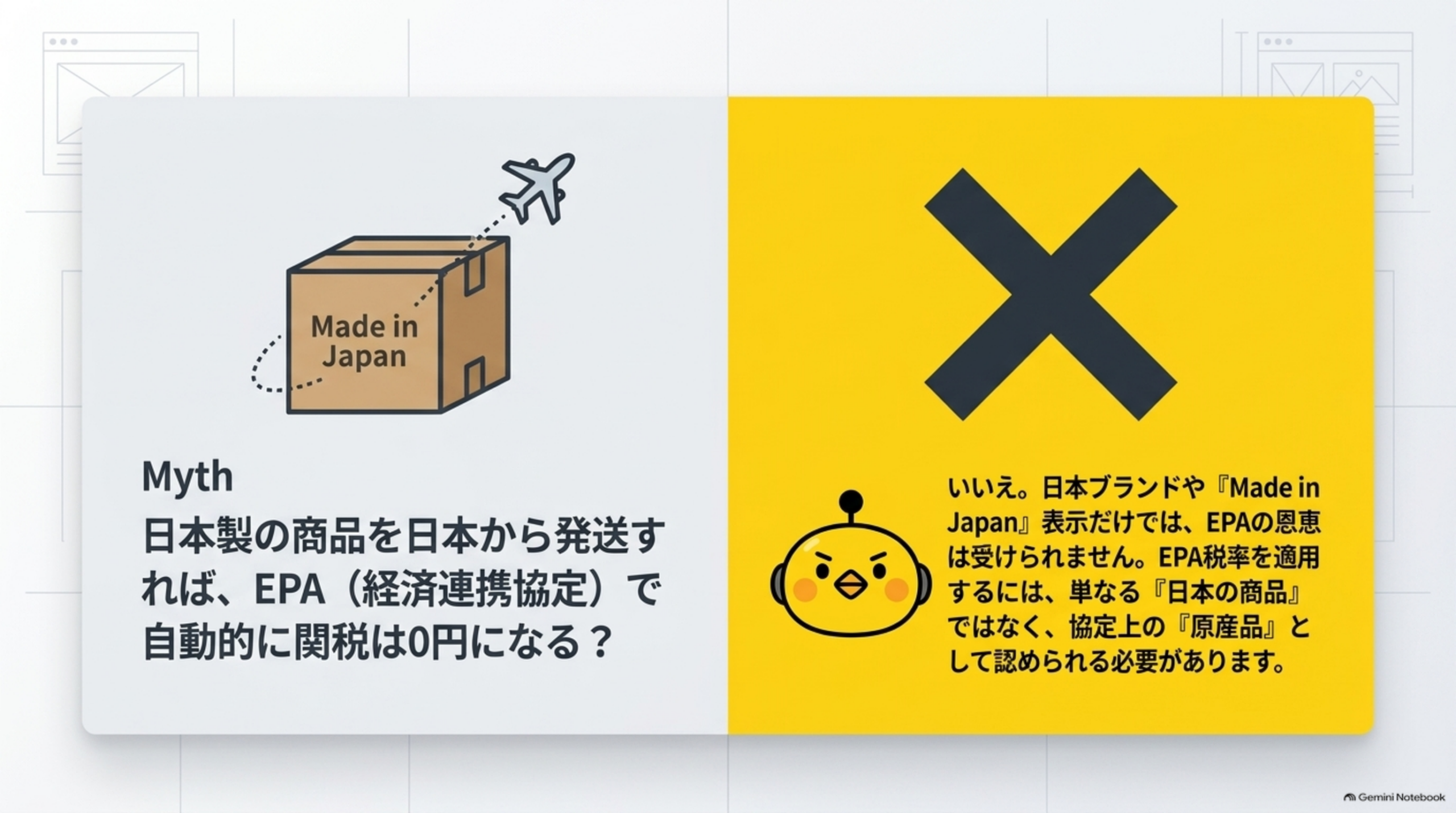 Myth、日本製の商品を日本から発送すれば、EPA(経済連携協定)で自動的に関税は0円になる？答えはNo。日本ブランドやMade in Japan表示だけではEPAの恩恵は受けられない。EPA税率を適用するには、単なる日本の商品ではなく、協定上の原産品として認められる必要がある