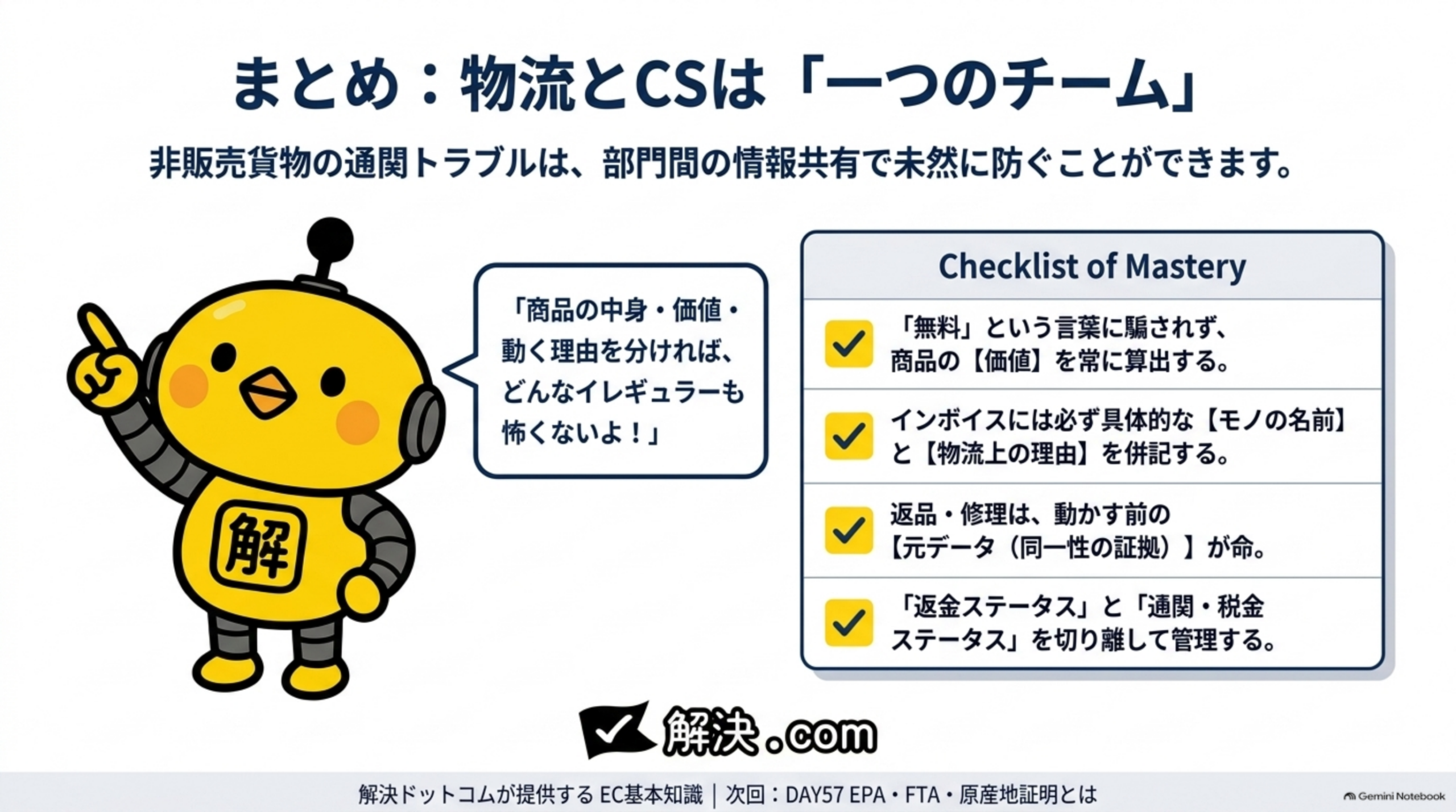 まとめ、物流とCSは一つのチーム。非販売貨物の通関トラブルは部門間の情報共有で未然に防ぐことができる。Checklist of Masteryは、無料という言葉に騙されず商品の価値を常に算出する、インボイスには必ず具体的なモノの名前と物流上の理由を併記する、返品・修理は動かす前の元データ(同一性の証拠)が命、返金ステータスと通関・税金ステータスを切り離して管理する。解決ドットコムが提供するEC基本知識、次回DAY57はEPA・FTA・原産地証明とは