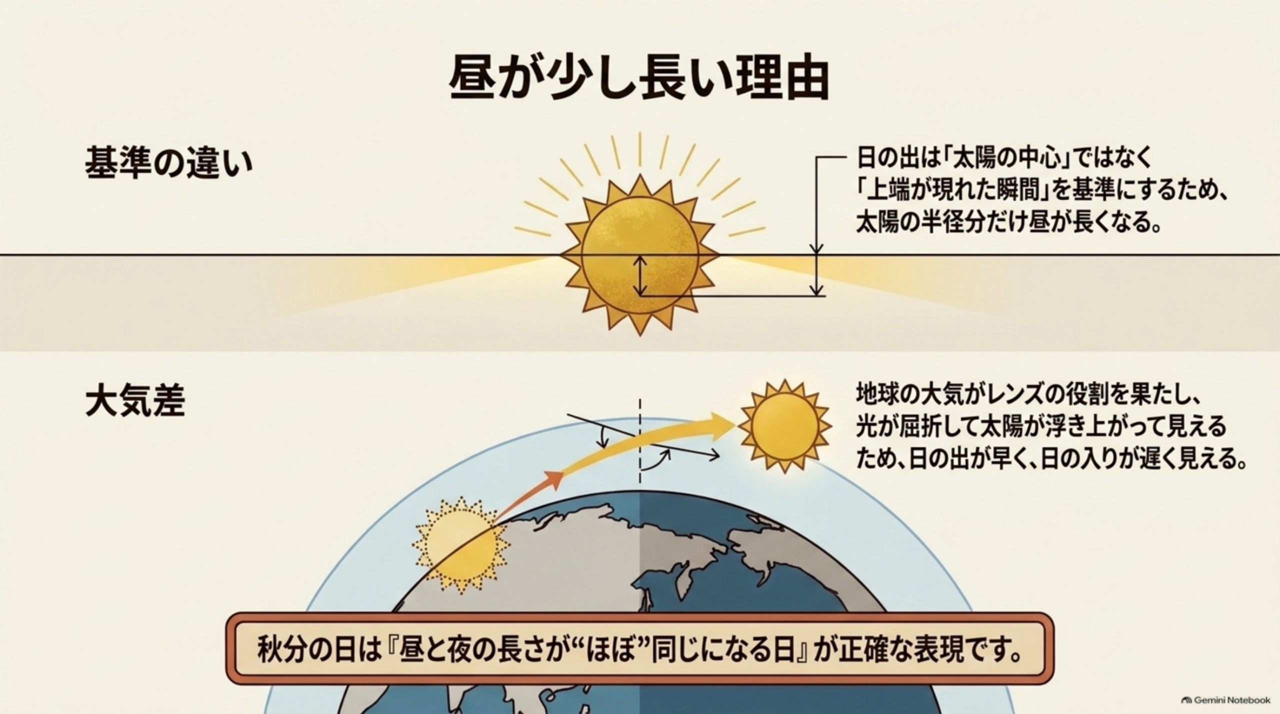 昼が少し長い理由という見出しの下、上段に『基準の違い』として、太陽が地平線上に半分見えるイラストと『日の出は「太陽の中心」ではなく「上端が現れた瞬間」を基準にするため、太陽の半径分だけ昼が長くなる。』という説明、下段に『大気差』として、地球と大気を通って屈折する光の軌跡のイラストと『地球の大気がレンズの役割を果たし、光が屈折して太陽が浮き上がって見えるため、日の出が早く、日の入りが遅く見える。』という説明。下部に『秋分の日は「昼と夜の長さが”ほぼ”同じになる日」が正確な表現です。』という結論