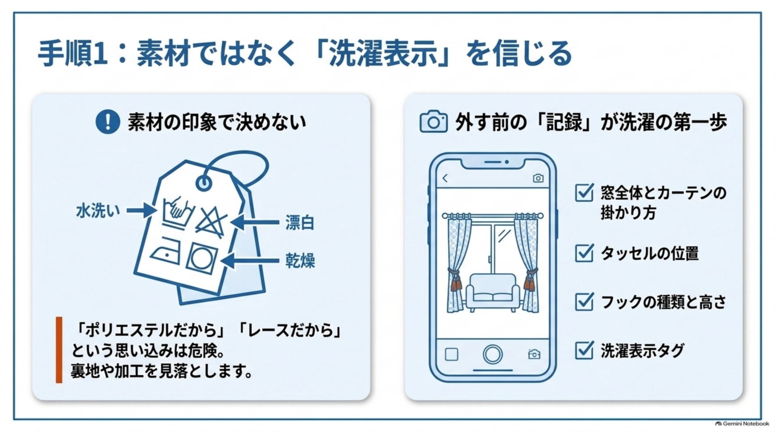 手順1：素材ではなく洗濯表示を信じる。外す前にタッセル位置やフックの種類と高さ、洗濯表示タグを撮影して記録する