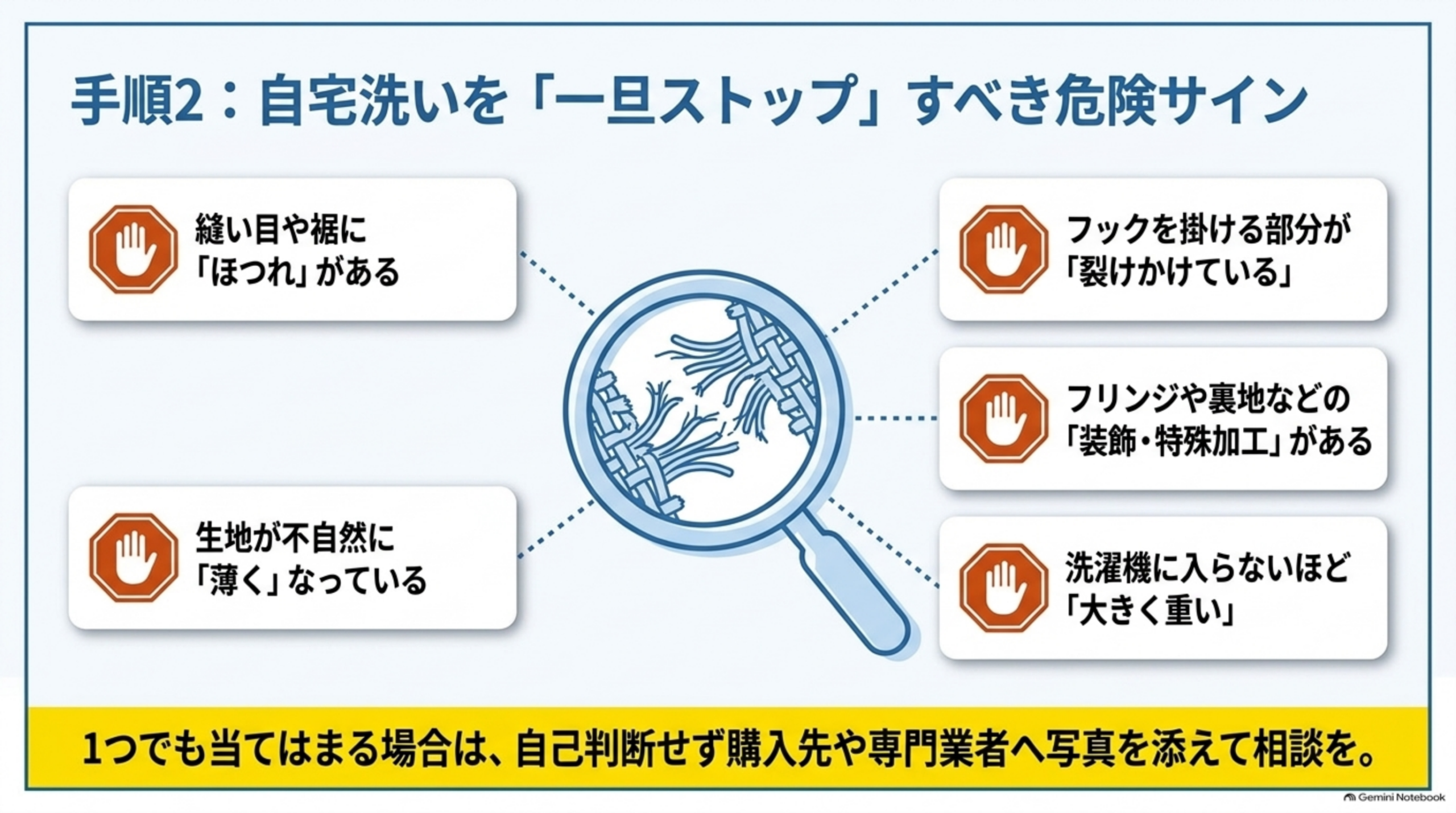 手順2：自宅洗いを一旦ストップすべき危険サイン。ほつれ、裂けかけ、装飾や特殊加工、生地が薄い、大きく重い場合は相談を