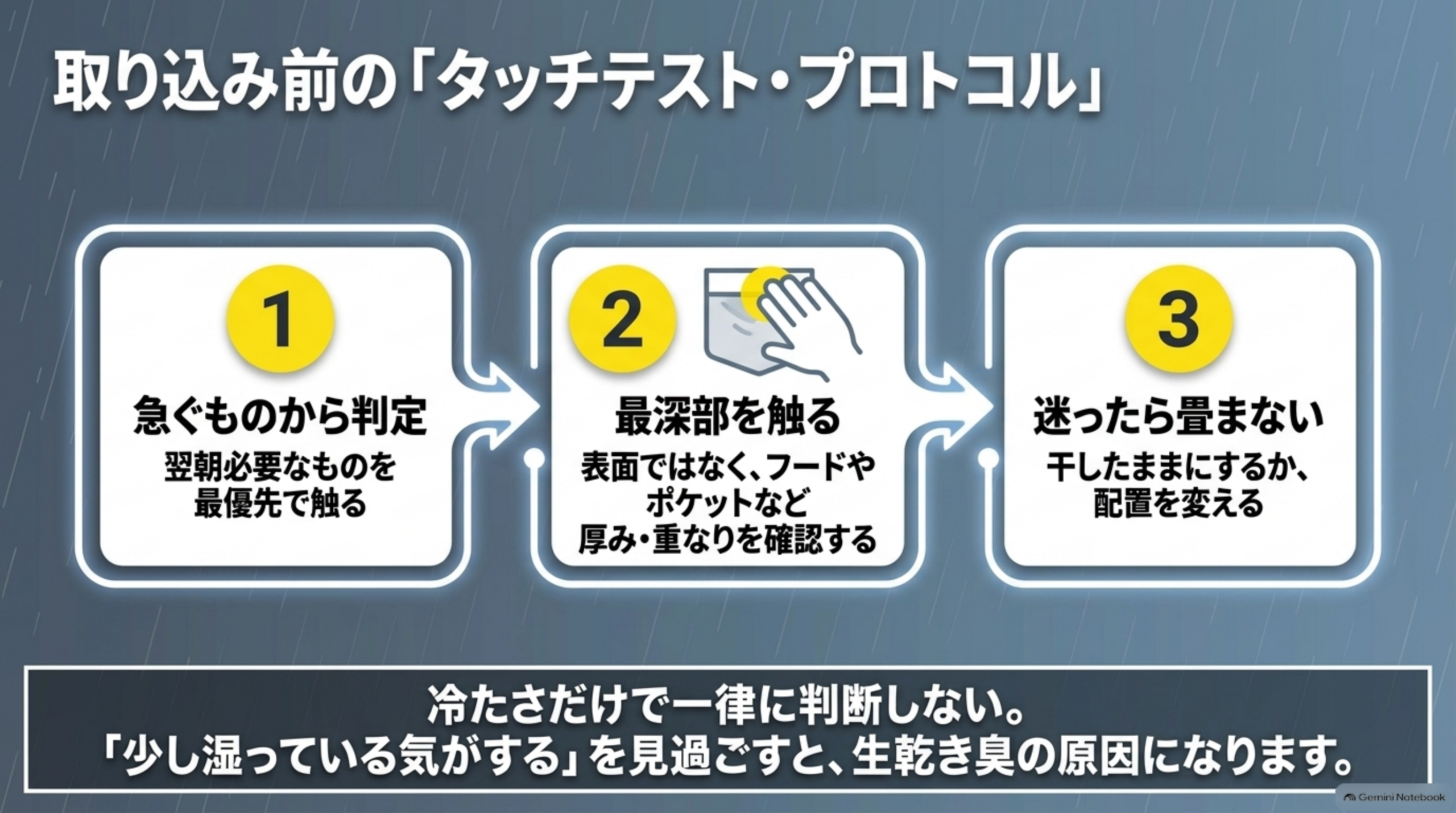 取り込み前のタッチテスト・プロトコル。①急ぐものから判定、翌朝必要なものを最優先で触る②最深部を触る、表面ではなくフードやポケットなど厚み・重なりを確認する③迷ったら畳まない、干したままにするか配置を変える。冷たさだけで一律に判断しないことが生乾き臭を防ぐ