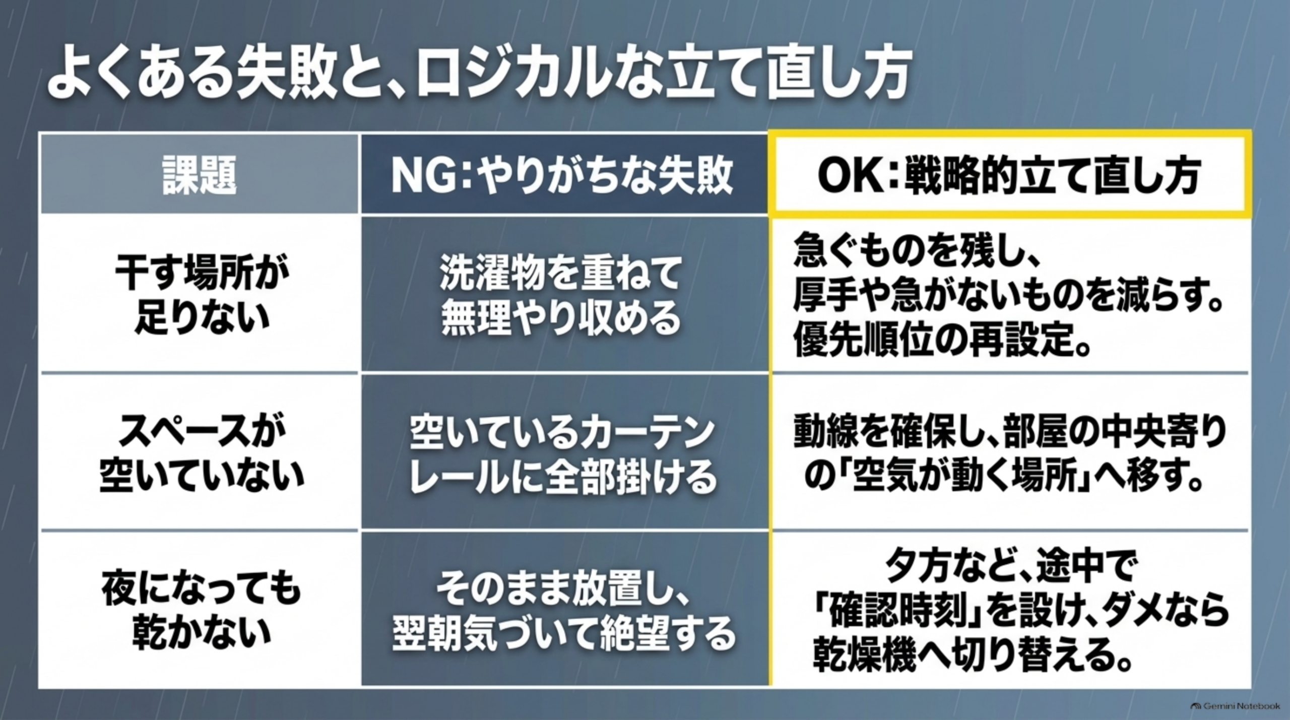 よくある失敗とロジカルな立て直し方の比較表。干す場所が足りないときNGは洗濯物を重ねて無理やり収める、OKは急ぐものを残し厚手や急がないものを減らす。スペースが空いていないときNGは空いているカーテンレールに全部掛ける、OKは動線を確保し部屋の中央寄りの空気が動く場所へ移す。夜になっても乾かないときNGはそのまま放置し翌朝気づく、OKは夕方など途中で確認時刻を設けダメなら乾燥機へ切り替える