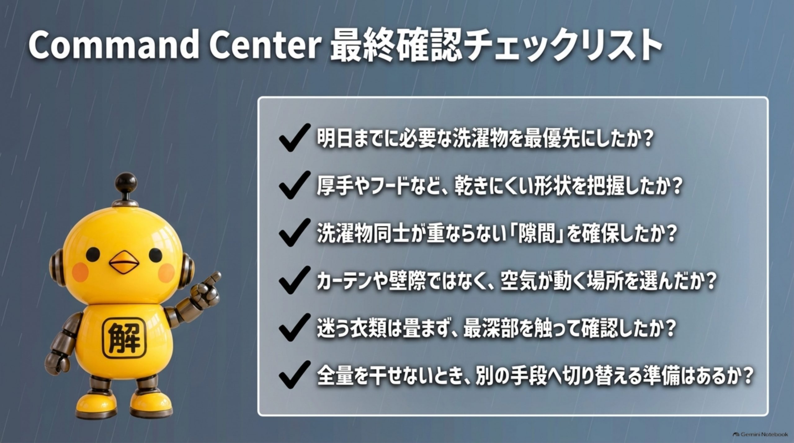 Command Center 最終確認チェックリスト。明日までに必要な洗濯物を最優先にしたか、厚手やフードなど乾きにくい形状を把握したか、洗濯物同士が重ならない隙間を確保したか、カーテンや壁際ではなく空気が動く場所を選んだか、迷う衣類は畳まず最深部を触って確認したか、全量を干せないとき別の手段へ切り替える準備はあるか