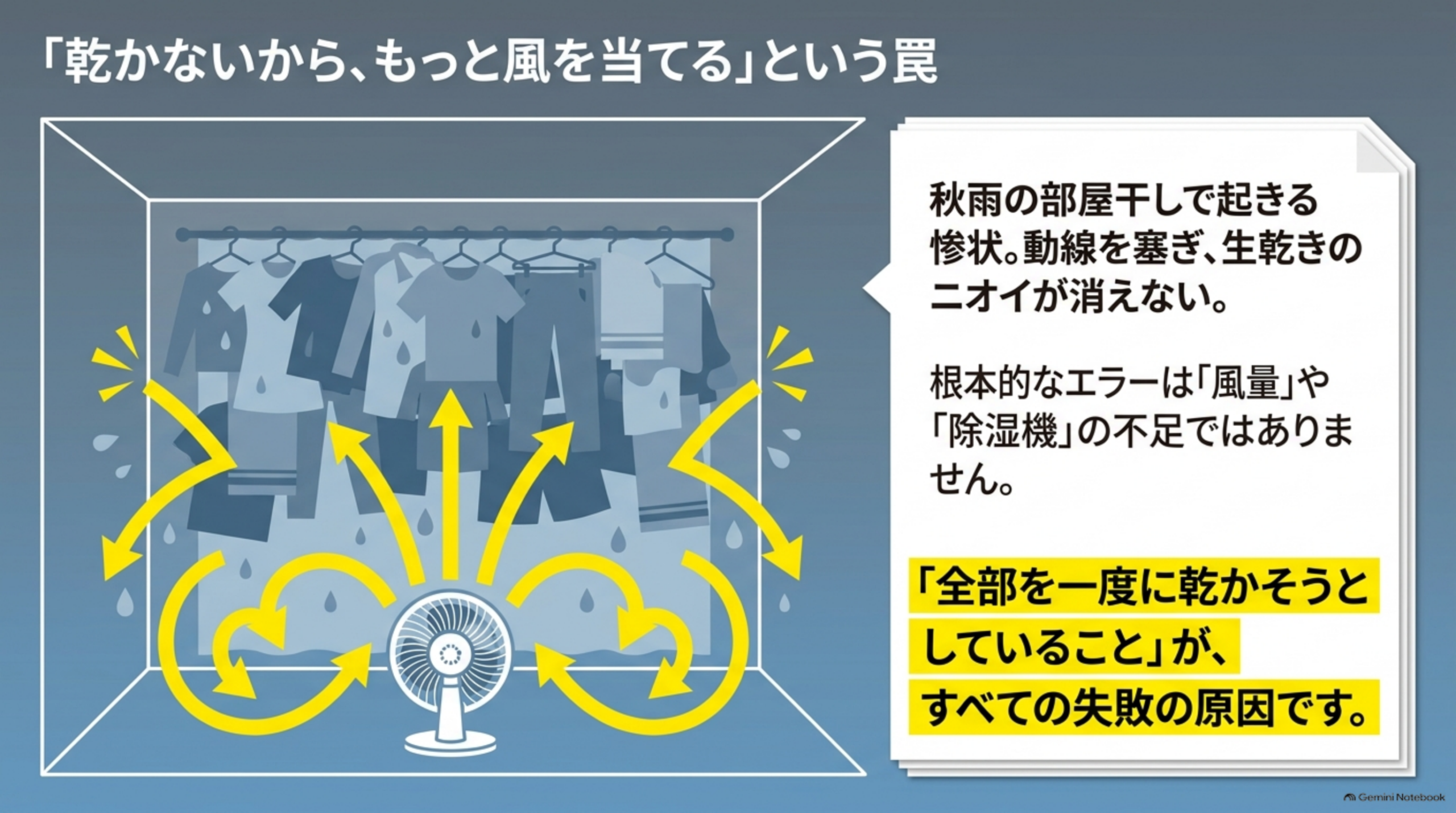 「乾かないから、もっと風を当てる」という罠。動線をふさぎ生乾きのニオイが消えない秋雨の部屋干し。根本的な原因は風量や除湿機の不足ではなく、全部を一度に乾かそうとしていること