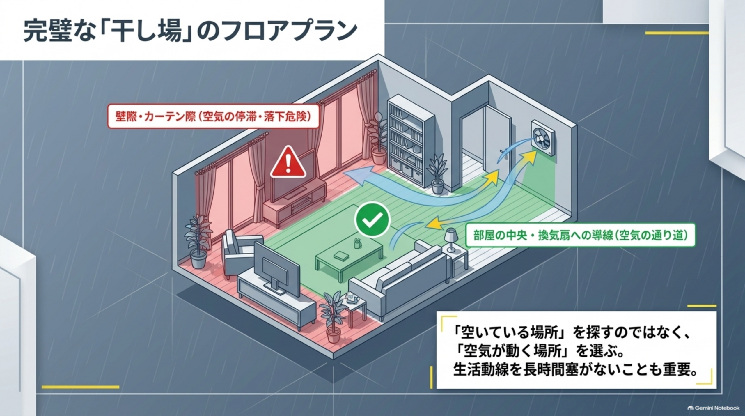 完璧な干し場のフロアプラン。壁際・カーテン際は空気の停滞と落下の危険があり、部屋の中央や換気扇への導線は空気の通り道になる。空いている場所を探すのではなく空気が動く場所を選び、生活動線を長時間ふさがないことも重要