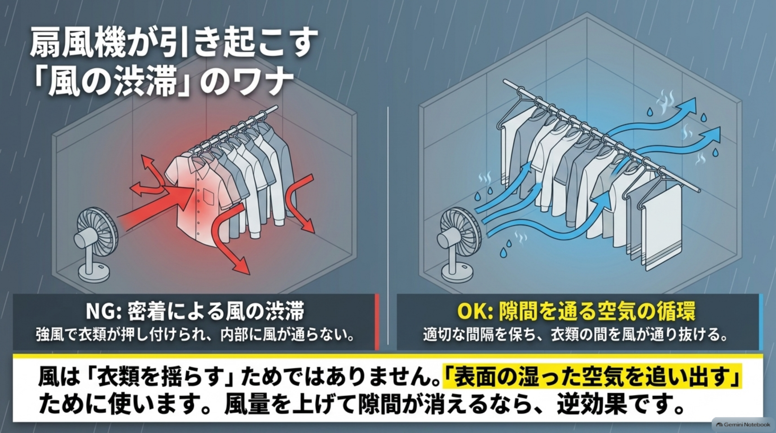 扇風機が引き起こす風の渋滞のワナ。NGは密着による風の渋滞で、強風で衣類が押し付けられ内部に風が通らない状態。OKは適切な間隔を保ち衣類の間を風が通り抜ける状態。風は衣類を揺らすためではなく表面の湿った空気を追い出すために使う