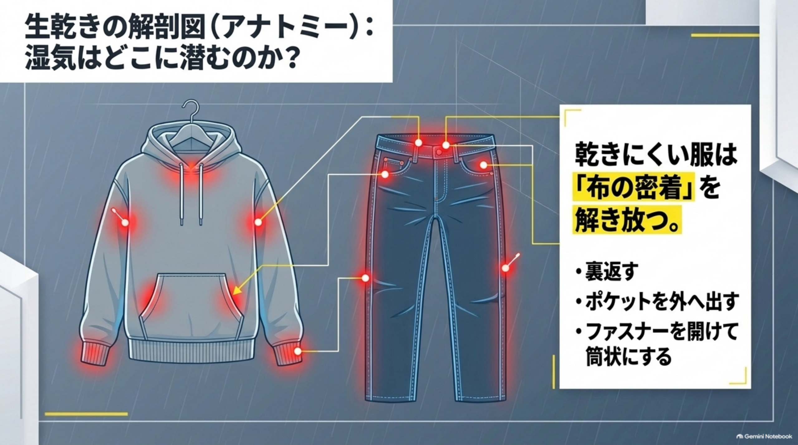 生乾きの解剖図。湿気が潜むのはフードの付け根、脇、袖口、ポケット、ウエスト、厚い縫い目など。乾きにくい服は布の密着を解き放つため、裏返す・ポケットを外へ出す・ファスナーを開けて筒状にする