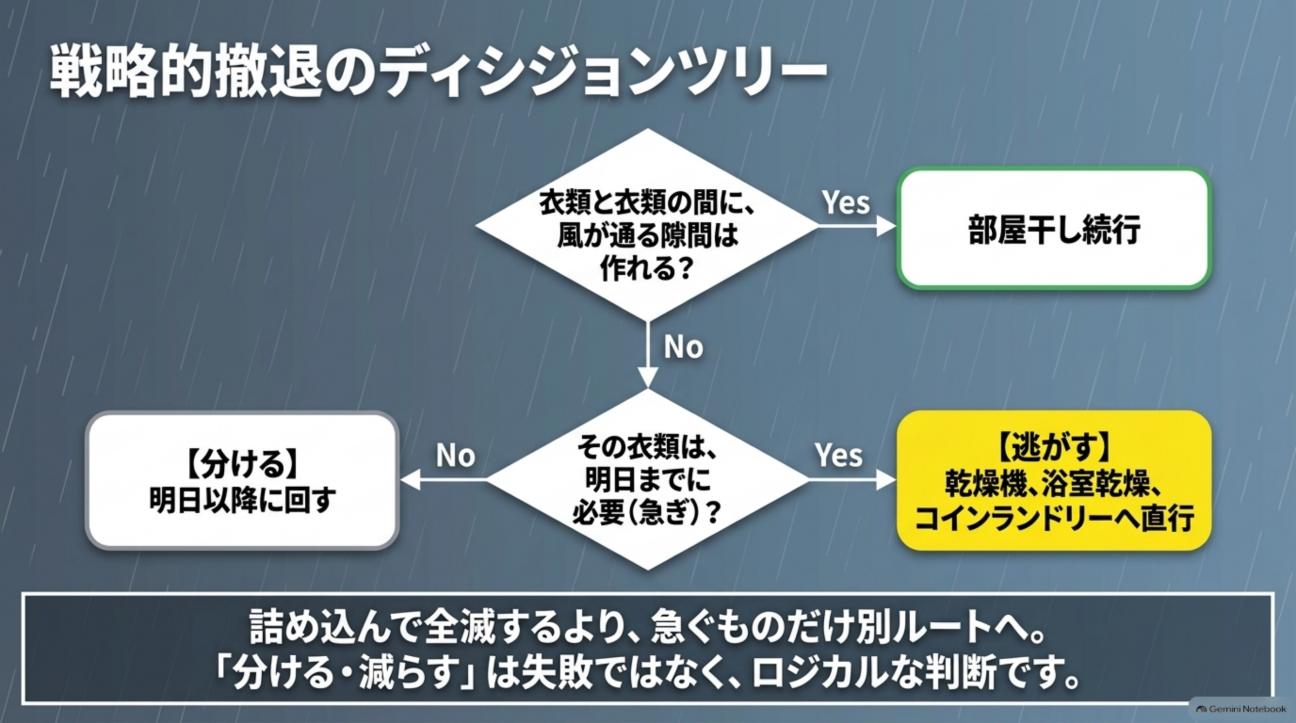 戦略的撤退のディシジョンツリー。衣類と衣類の間に風が通る隙間は作れるか、Yesなら部屋干し続行。Noの場合、その衣類は明日までに必要かを問い、Yesなら乾燥機・浴室乾燥・コインランドリーへ逃がす、Noなら明日以降に回して分ける。分ける・減らすは失敗ではなくロジカルな判断