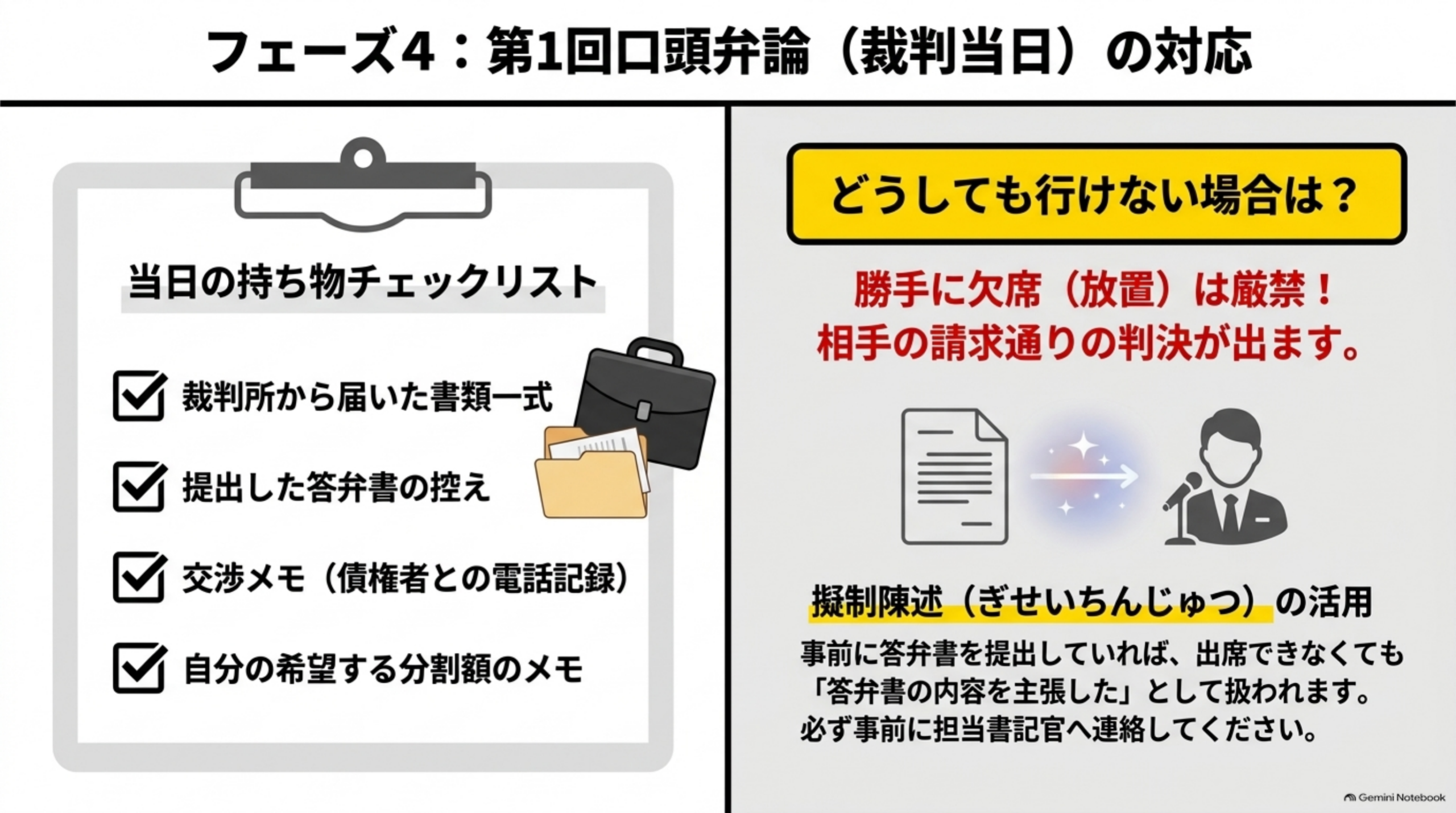 フェーズ4：第1回口頭弁論(裁判当日)の対応という見出しの下、左に『当日の持ち物チェックリスト』としてブリーフケースのイラストと裁判所から届いた書類一式・提出した答弁書の控え・交渉メモ(債権者との電話記録)・自分の希望する分割額のメモという4項目、右に黄色枠で『どうしても行けない場合は?』として『勝手に欠席(放置)は厳禁!相手の請求通りの判決が出ます。』という警告、擬制陳述(ぎせいちんじゅつ)の活用として『事前に答弁書を提出していれば、出席できなくても「答弁書の内容を主張した」として扱われます。必ず事前に担当書記官へ連絡してください。』という説明