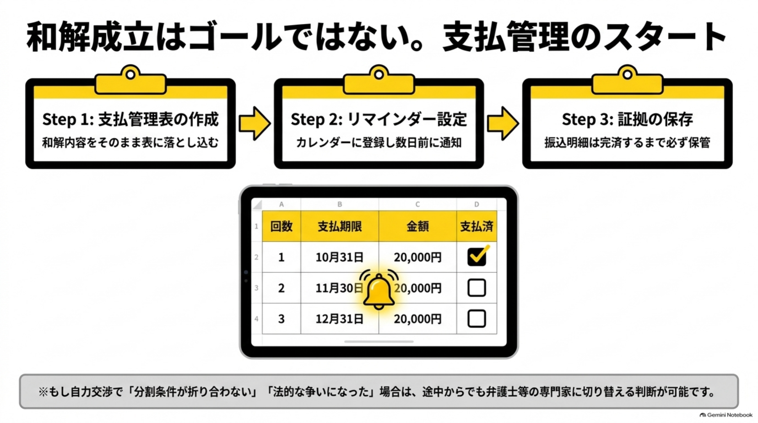 和解成立はゴールではない。支払管理のスタートという見出しの下、Step1:支払管理表の作成(和解内容をそのまま表に落とし込む)→Step2:リマインダー設定(カレンダーに登録し数日前に通知)→Step3:証拠の保存(振込明細は完済するまで必ず保管)という3ステップのクリップボード、下部にタブレット画面で回数・支払期限・金額・支払済のチェック表(1回目にチェック済み、2回目にベルのリマインダーアイコン)のイラスト。下部に『※もし自力交渉で「分割条件が折り合わない」「法的な争いになった」場合は、途中からでも弁護士等の専門家に切り替える判断が可能です。』という説明