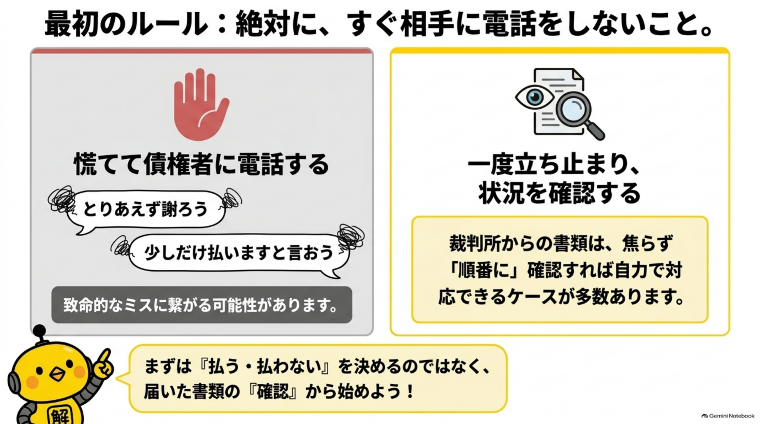 最初のルール：絶対に、すぐ相手に電話をしないこと。という見出しの下、左に赤枠で『慌てて債権者に電話する』として『とりあえず謝ろう』『少しだけ払いますと言おう』という吹き出しと手のひらのアイコン、『致命的なミスに繋がる可能性があります。』という警告、右に黄色枠で『一度立ち止まり、状況を確認する』として虫眼鏡付きの書類アイコンと『裁判所からの書類は、焦らず「順番に」確認すれば自力で対応できるケースが多数あります。』という説明。下部にカイピヨくんの『まずは「払う・払わない」を決めるのではなく、届いた書類の「確認」から始めよう!』という吹き出し