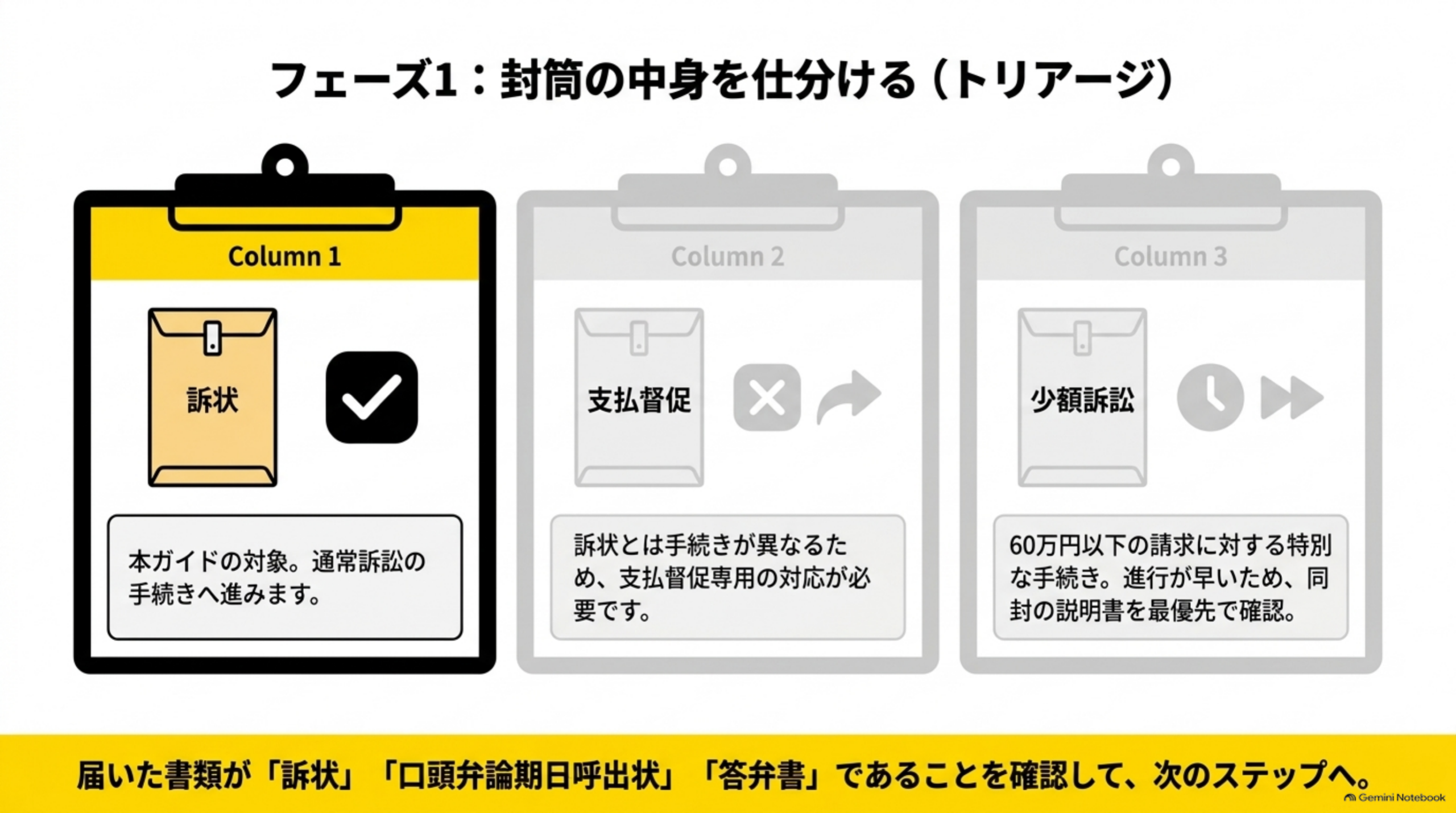フェーズ1：封筒の中身を仕分ける(トリアージ)という見出しの下、3つのクリップボードが並ぶ図解:Column1(訴状、チェックマーク、本ガイドの対象。通常訴訟の手続きへ進みます)、Column2(支払督促、バツ印と矢印、訴状とは手続きが異なるため、支払督促専用の対応が必要です)、Column3(少額訴訟、時計と早送りアイコン、60万円以下の請求に対する特別な手続き。進行が早いため、同封の説明書を最優先で確認)。下部に『届いた書類が「訴状」「口頭弁論期日呼出状」「答弁書」であることを確認して、次のステップへ。』という説明