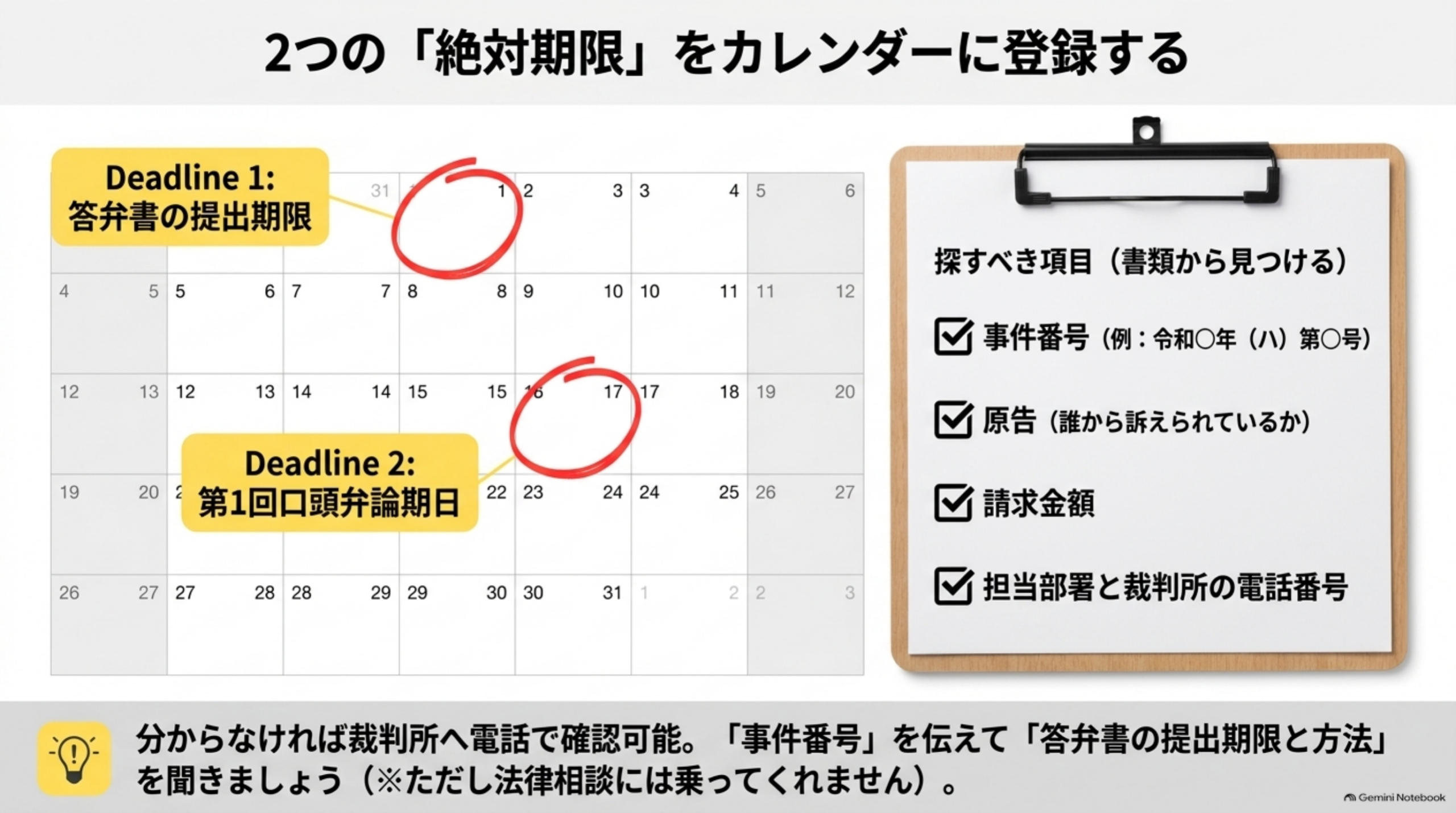 2つの「絶対期限」をカレンダーに登録するという見出しの下、カレンダーのイラストにDeadline1:答弁書の提出期限とDeadline2:第1回口頭弁論期日という2つの丸印、右にクリップボードで『探すべき項目(書類から見つける)』として事件番号(例:令和○年(ハ)第○号)・原告(誰から訴えられているか)・請求金額・担当部署と裁判所の電話番号という4つのチェック項目。下部に『分からなければ裁判所へ電話で確認可能。「事件番号」を伝えて「答弁書の提出期限と方法」を聞きましょう(※ただし法律相談には乗ってくれません)。』という説明