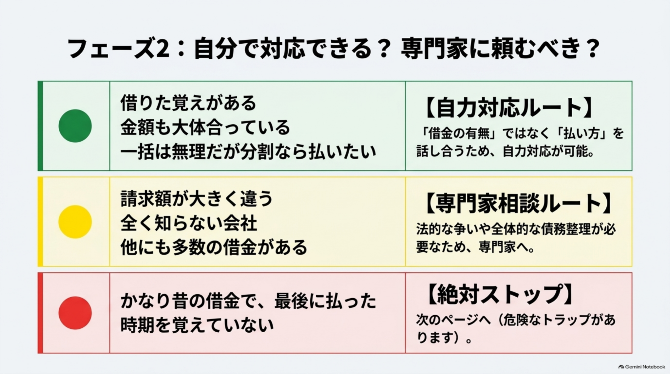 フェーズ2：自分で対応できる?専門家に頼むべき?という見出しの下、緑・黄・赤の3段の帯グラフ:緑(借りた覚えがある/金額も大体合っている/一括は無理だが分割なら払いたい→【自力対応ルート】「借金の有無」ではなく「払い方」を話し合うため、自力対応が可能)、黄(請求額が大きく違う/全く知らない会社/他にも多数の借金がある→【専門家相談ルート】法的な争いや全体的な債務整理が必要なため、専門家へ)、赤(かなり昔の借金で、最後に払った時期を覚えていない→【絶対ストップ】次のページへ(危険なトラップがあります))