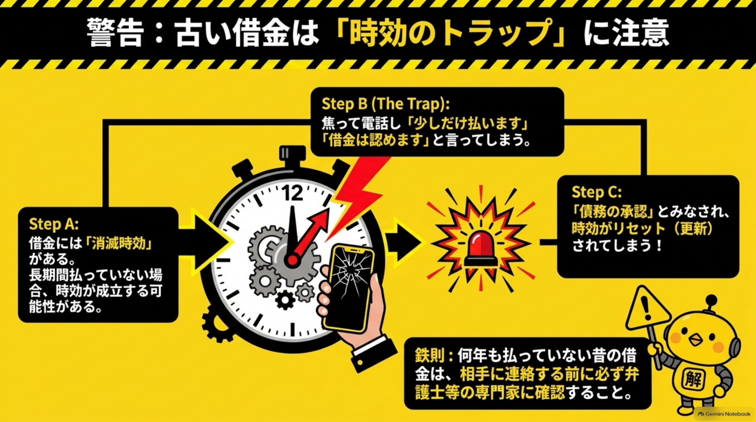 黒背景に黄色い工事柄のボーダーで『警告：古い借金は「時効のトラップ」に注意』という見出し。時計のイラストを中心に、Step A(借金には「消滅時効」がある。長期間払っていない場合、時効が成立する可能性がある)→Step B(The Trap):焦って電話し「少しだけ払います」「借金は認めます」と言ってしまう→Step C:「債務の承認」とみなされ、時効がリセット(更新)されてしまう!という3段階のフローと壊れたスマートフォンのイラスト。下部にカイピヨくんとともに『鉄則:何年も払っていない昔の借金は、相手に連絡する前に必ず弁護士等の専門家に確認すること。』という警告