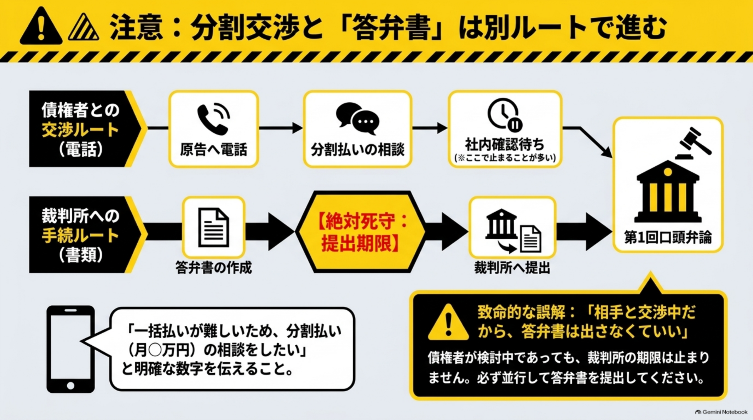 黄色背景に黒文字で『注意：分割交渉と「答弁書」は別ルートで進む』という見出し。上段に債権者との交渉ルート(電話):原告へ電話→分割払いの相談→社内確認待ち(※ここで止まることが多い)、下段に裁判所への手続ルート(書類):答弁書の作成→【絶対死守：提出期限】→裁判所へ提出、という2本のフローが第1回口頭弁論という同じゴールへ合流する図解。スマートフォンの吹き出しで『「一括払いが難しいため、分割払い(月○万円)の相談をしたい」と明確な数字を伝えること。』、下部に黒背景で『致命的な誤解：「相手と交渉中だから、答弁書は出さなくていい」債権者が検討中であっても、裁判所の期限は止まりません。必ず並行して答弁書を提出してください。』という警告