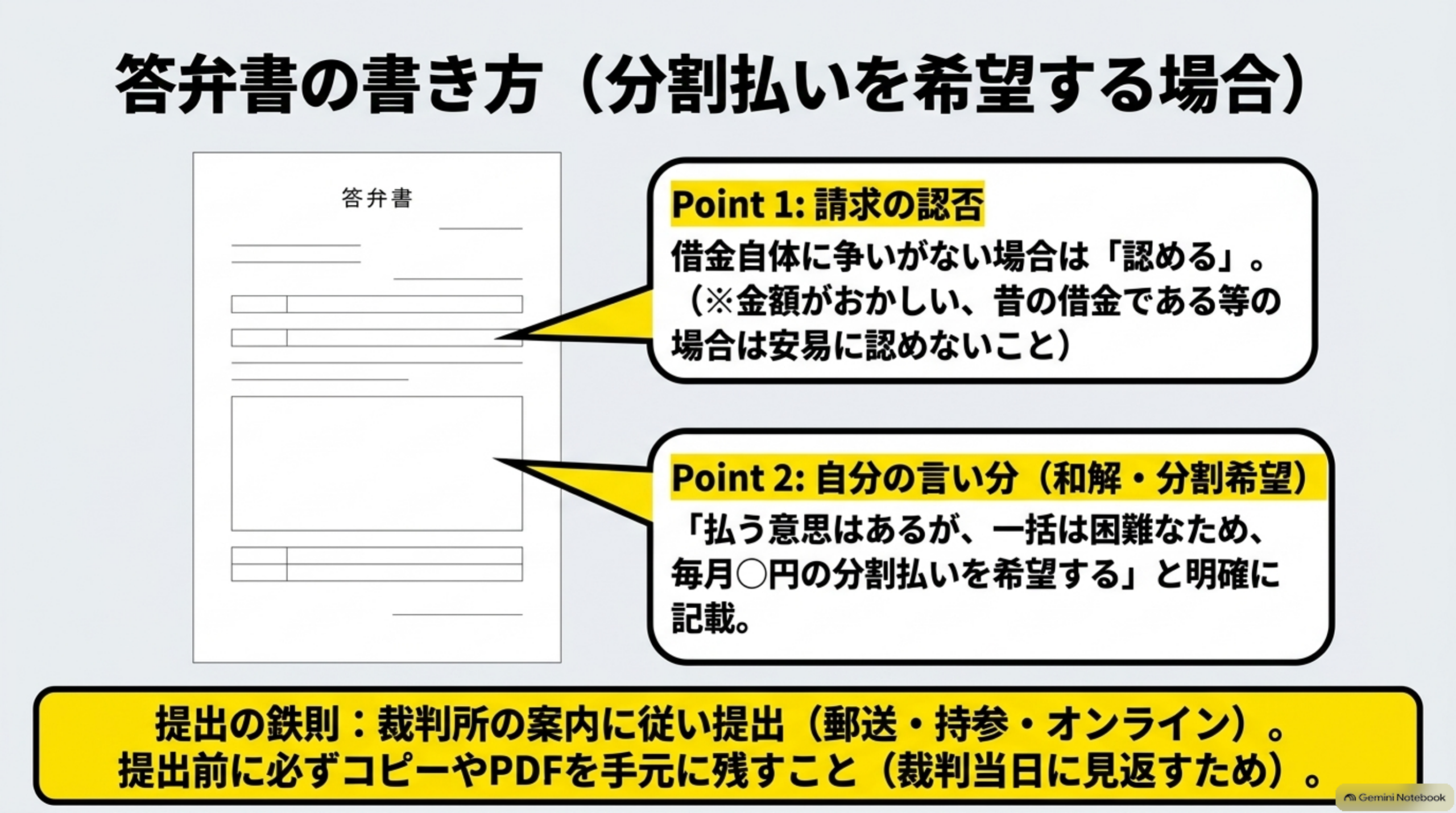 答弁書の書き方(分割払いを希望する場合)という見出しの下、答弁書の書式サンプルのイラストに、Point1:請求の認否(借金自体に争いがない場合は「認める」。※金額がおかしい、昔の借金である等の場合は安易に認めないこと)、Point2:自分の言い分(和解・分割希望)(「払う意思はあるが、一括は困難なため、毎月○円の分割払いを希望する」と明確に記載)という2つの吹き出し。下部に『提出の鉄則:裁判所の案内に従い提出(郵送・持参・オンライン)。提出前に必ずコピーやPDFを手元に残すこと(裁判当日に見返すため)。』という説明