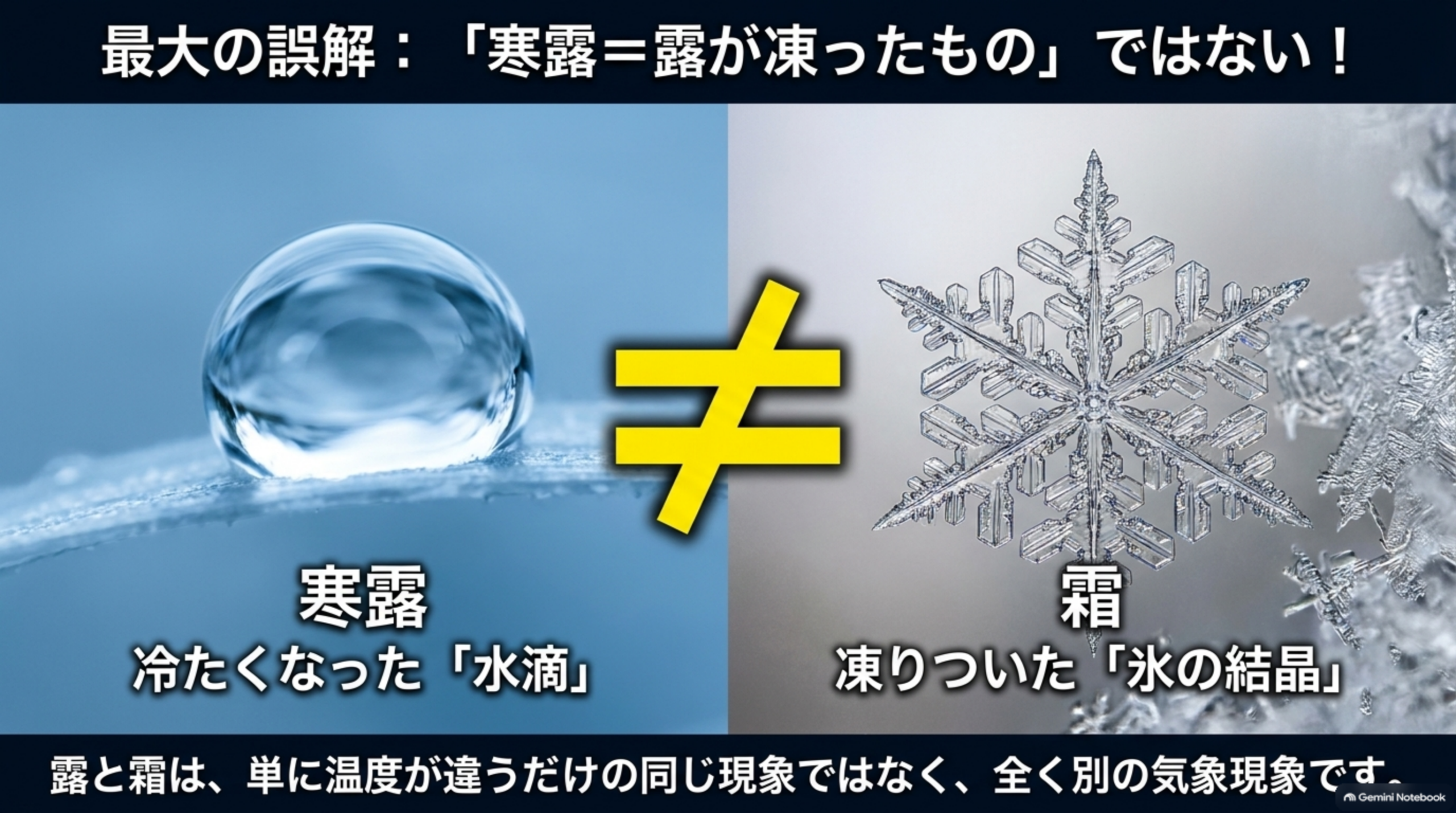 最大の誤解：「寒露＝露が凍ったもの」ではない。寒露は冷たくなった水滴、霜は凍りついた氷の結晶。露と霜は単に温度が違うだけの同じ現象ではなく、全く別の気象現象です
