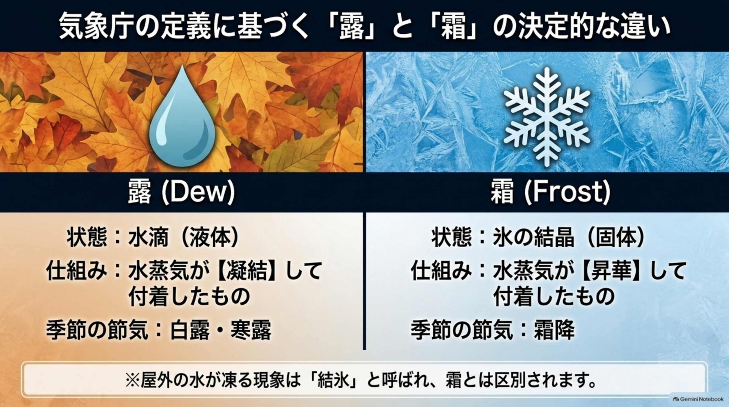 気象庁の定義に基づく「露」と「霜」の決定的な違い。露は状態が水滴（液体）で、水蒸気が凝結して付着したもの、季節の節気は白露・寒露。霜は状態が氷の結晶（固体）で、水蒸気が昇華して付着したもの、季節の節気は霜降。屋外の水が凍る現象は結氷と呼ばれ霜とは区別される
