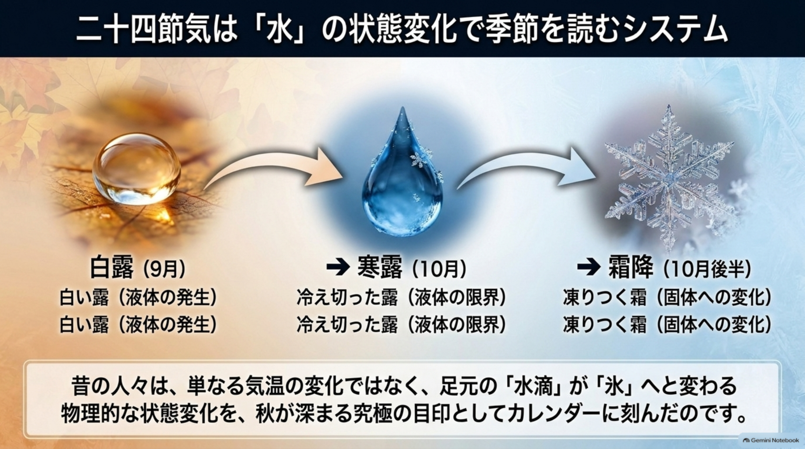 二十四節気は「水」の状態変化で季節を読むシステム。白露（9月）は白い露で液体の発生、寒露（10月）は冷え切った露で液体の限界、霜降（10月後半）は凍りつく霜で固体への変化。昔の人々は足元の水滴が氷へと変わる物理的な状態変化を、秋が深まる目印としてカレンダーに刻んだ