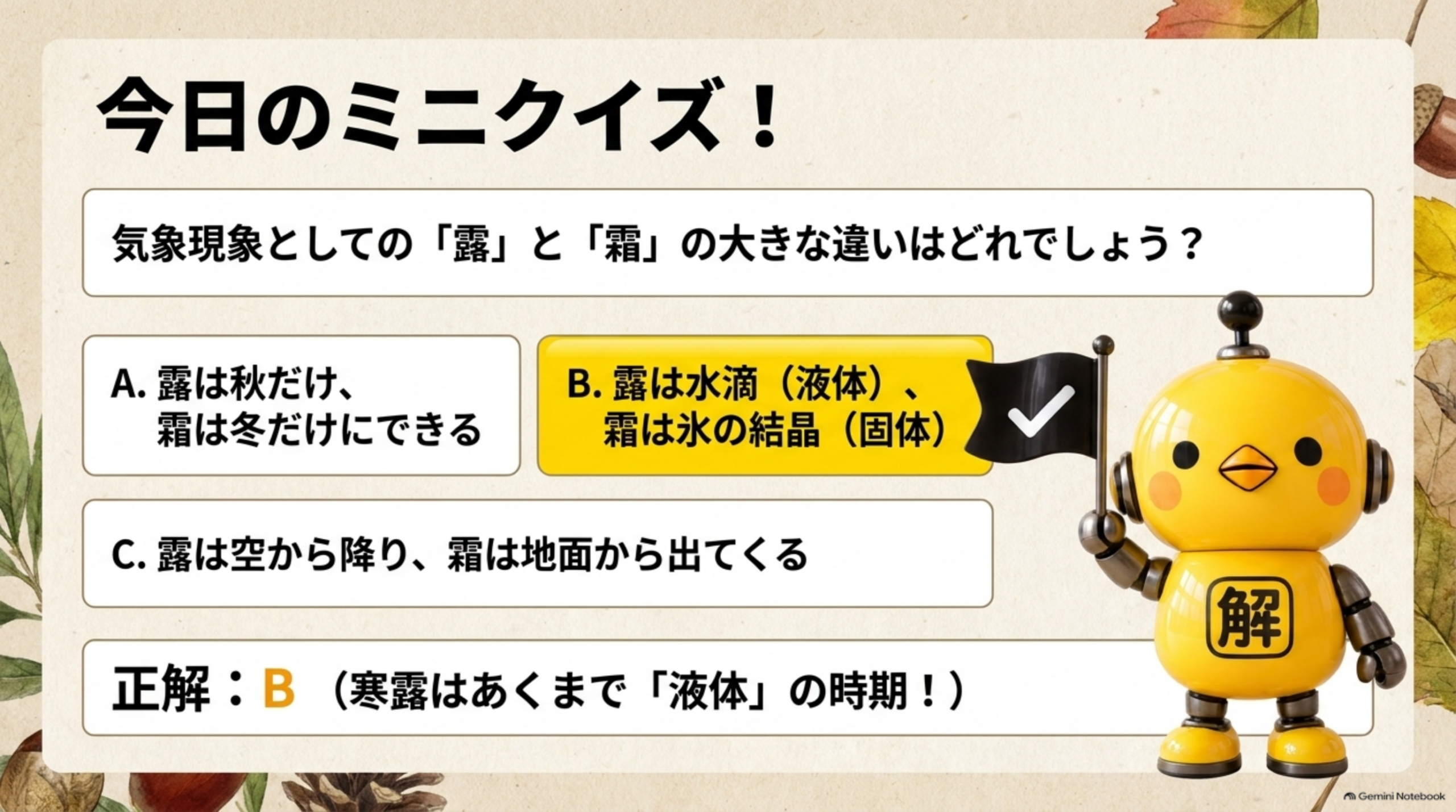 今日のミニクイズ。気象現象としての「露」と「霜」の大きな違いはどれでしょう？A.露は秋だけ霜は冬だけにできる B.露は水滴（液体）、霜は氷の結晶（固体） C.露は空から降り霜は地面から出てくる。正解はB（寒露はあくまで液体の時期）