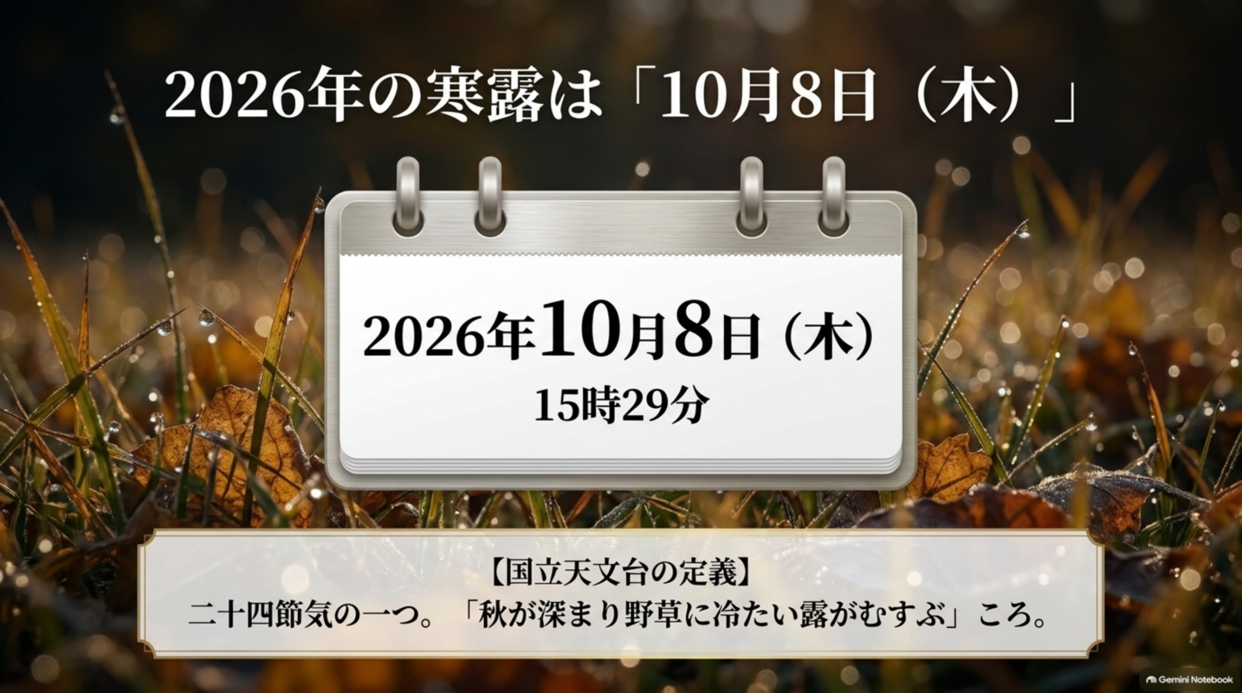 2026年の寒露は10月8日（木）15時29分。国立天文台の定義では二十四節気の一つで「秋が深まり野草に冷たい露がむすぶ」ころ