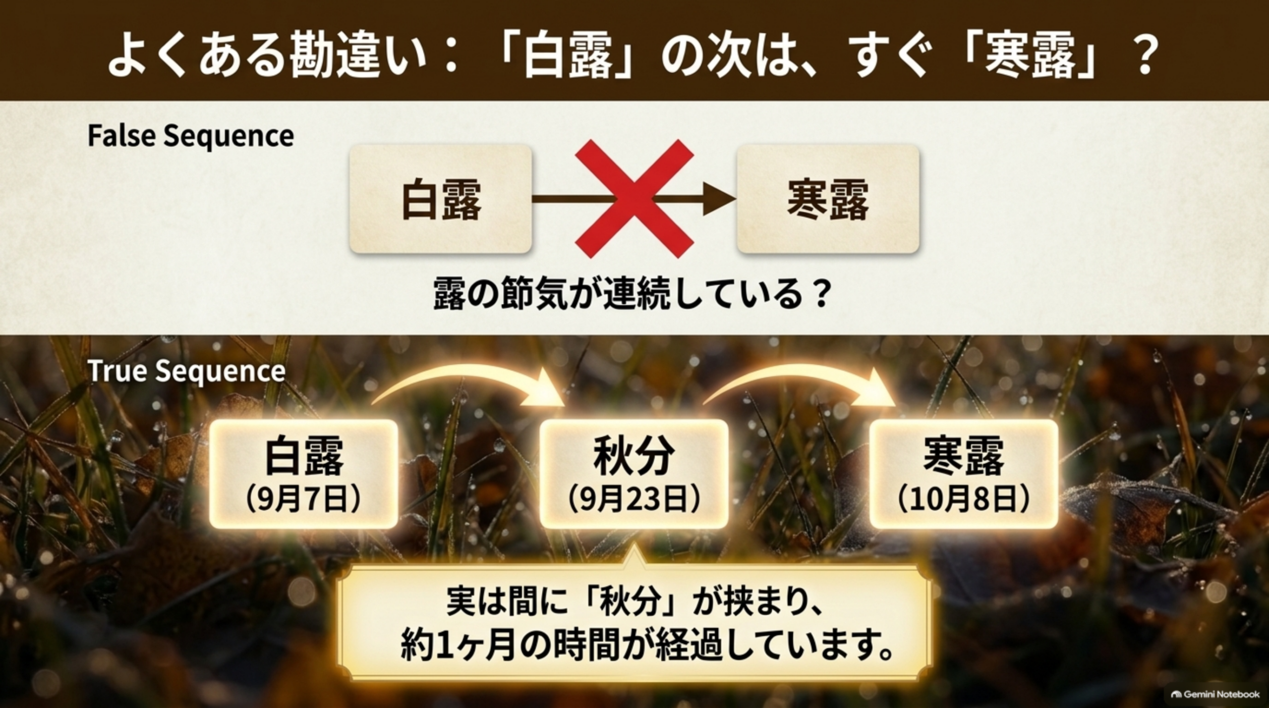 よくある勘違い：「白露」の次はすぐ「寒露」？露の節気が連続しているように見えるが、実際は白露9月7日→秋分9月23日→寒露10月8日の順で、間に秋分が挟まり約1ヶ月の時間が経過している