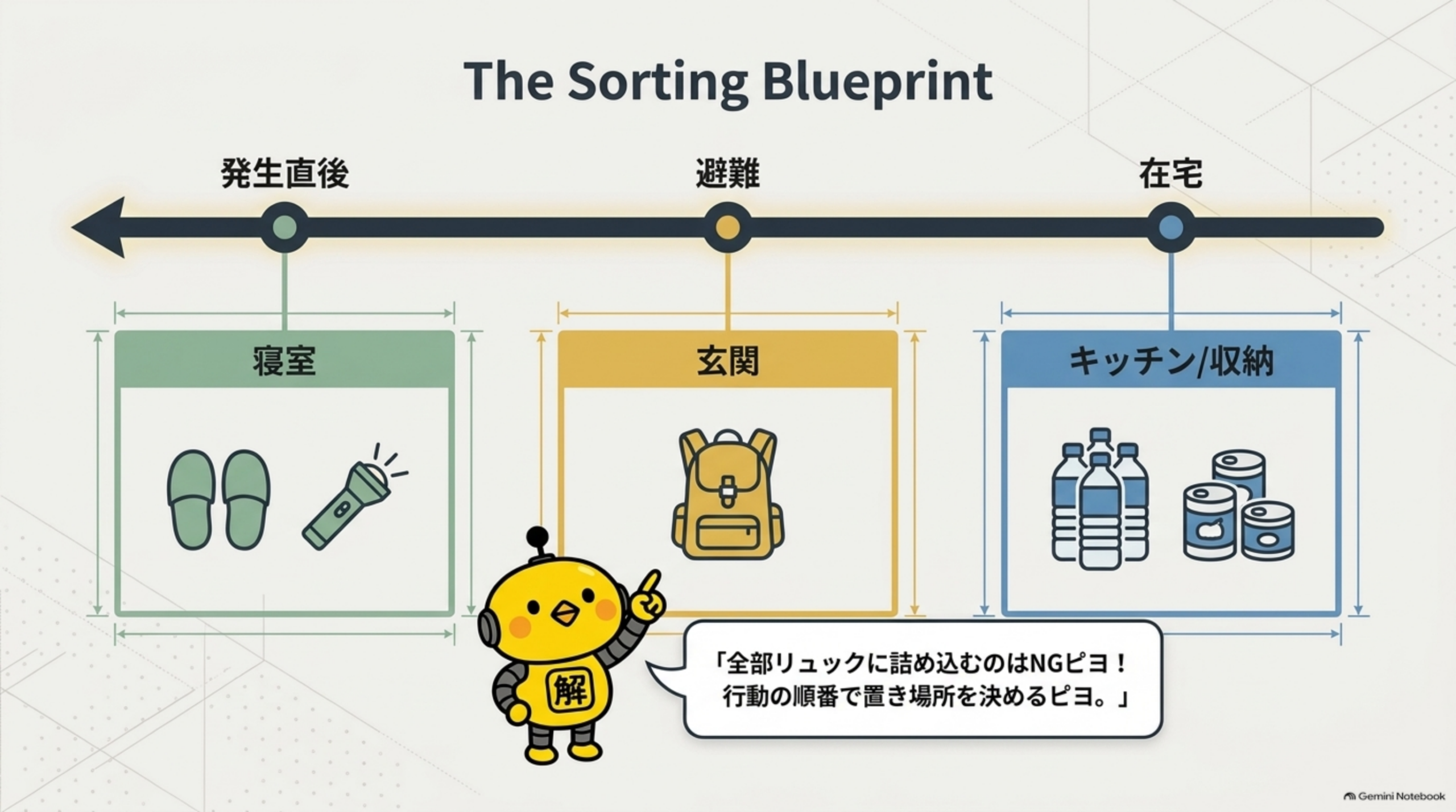 発生直後は寝室、避難は玄関、在宅はキッチン収納というように行動の順番で置き場所を決める、全部リュックに詰め込むのはNG
