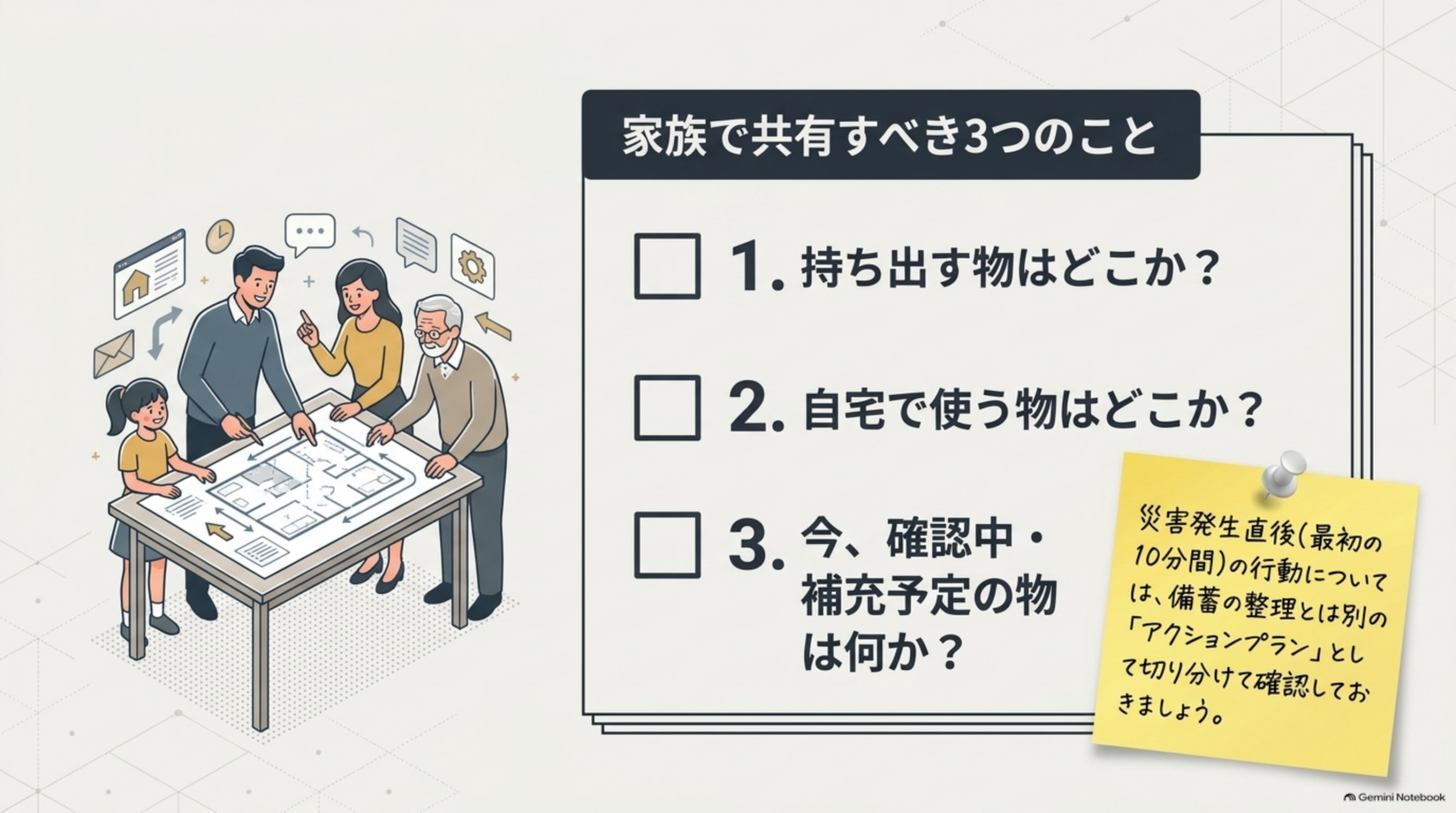 家族で共有すべき3つのこと（持ち出す物はどこか、自宅で使う物はどこか、確認中・補充予定の物は何か）、災害発生直後の行動は備蓄の整理とは別のアクションプランとして確認しておく