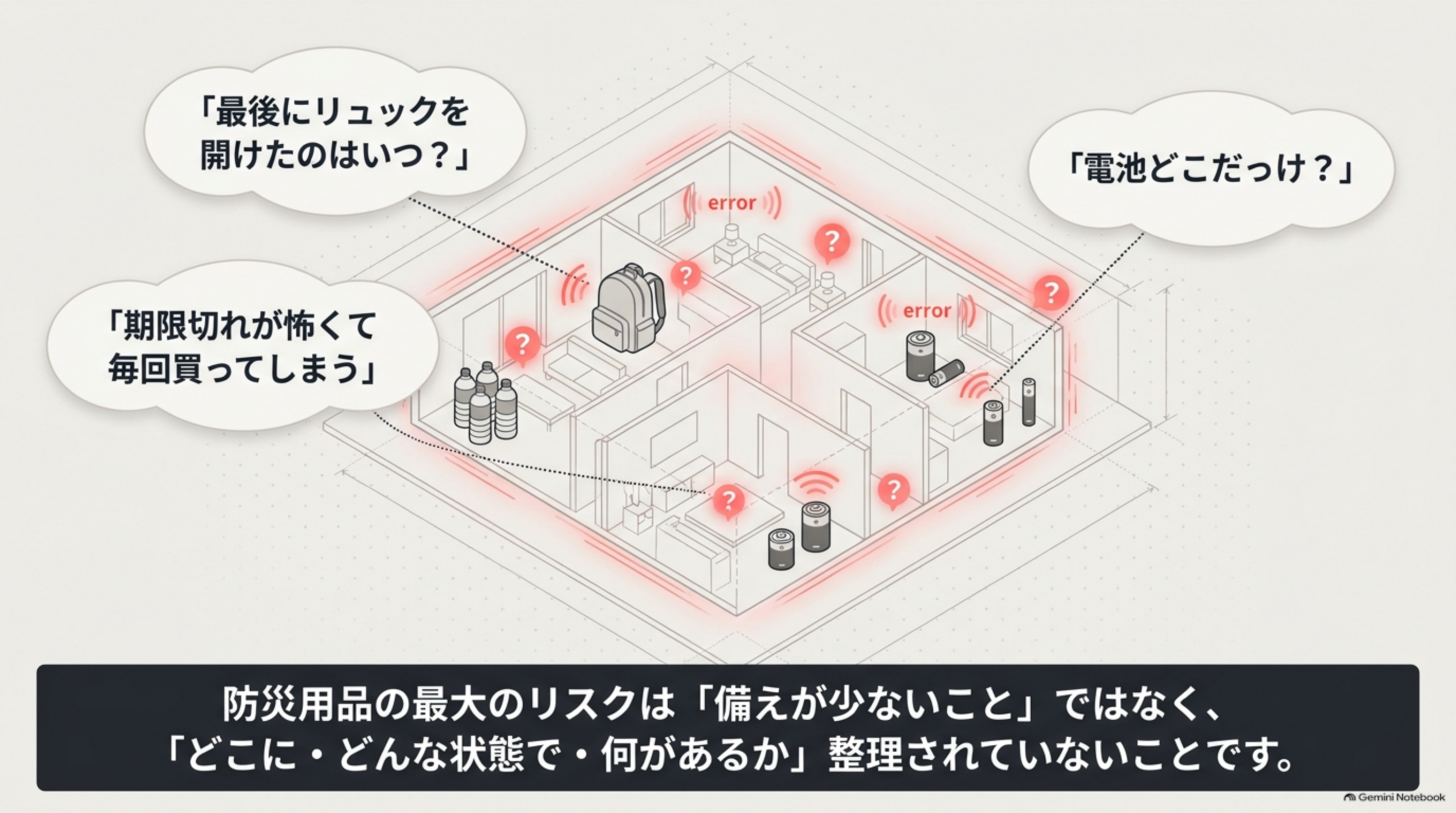 「最後にリュックを開けたのはいつ？」「電池どこだっけ？」防災用品の最大のリスクは、どこに何があるか整理されていないこと