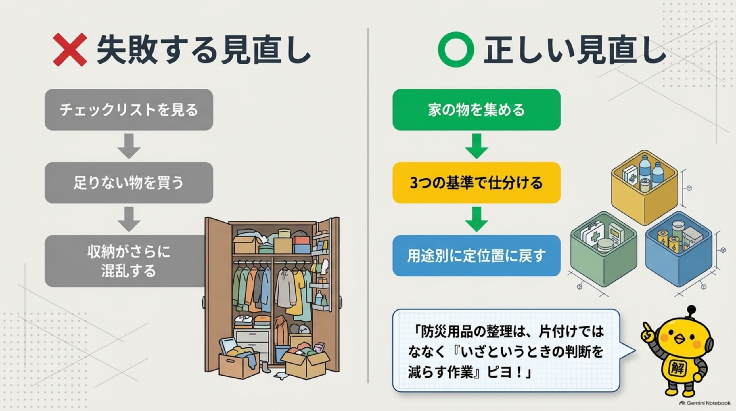 失敗する見直し（チェックリストを見て足りない物を買い、収納がさらに混乱する）と正しい見直し（家の物を集めて3つの基準で仕分け、用途別に定位置へ戻す）の対比図