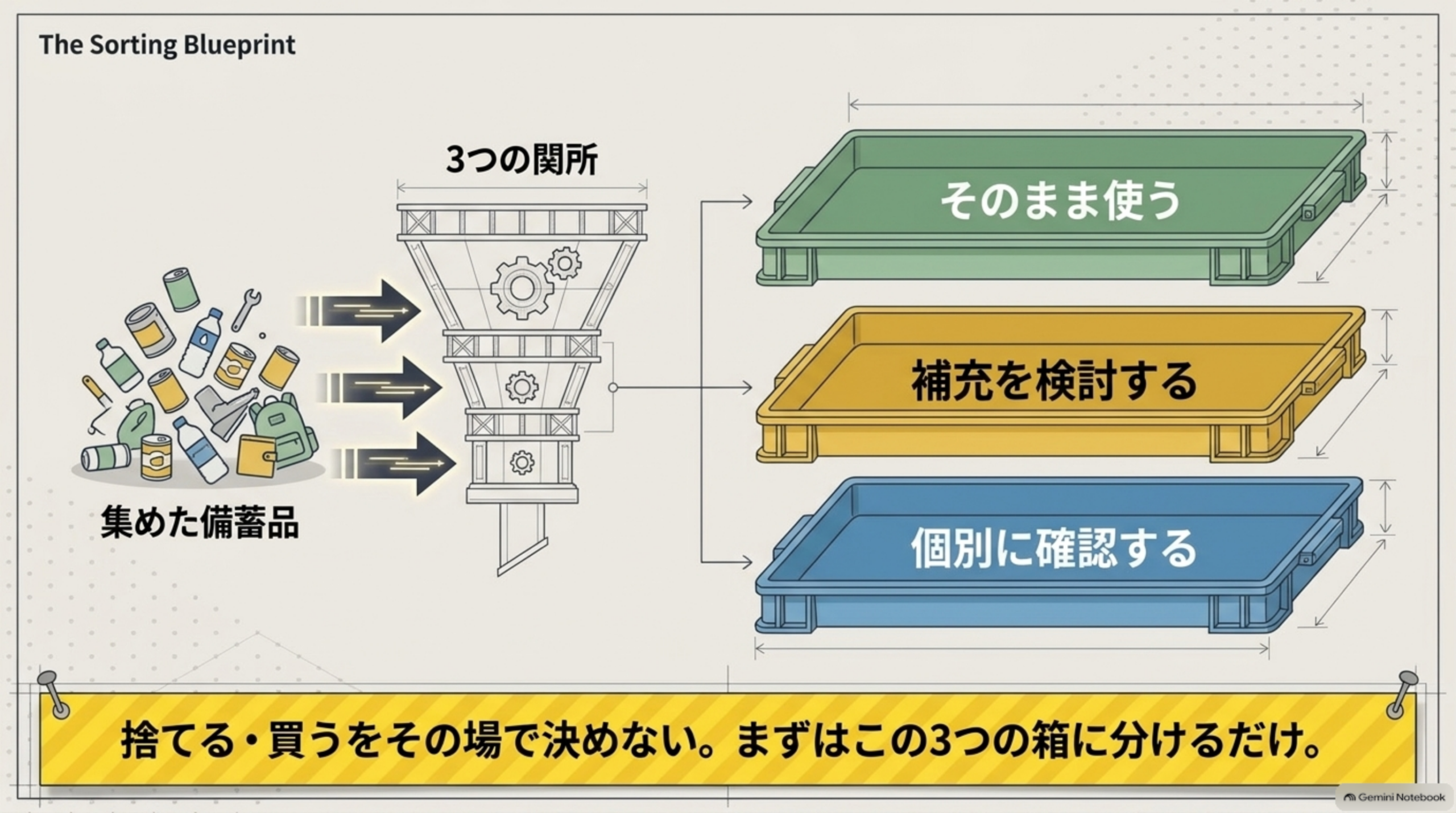 集めた備蓄品が3つの関所を通り、そのまま使う・補充を検討する・個別に確認するの3つの箱に仕分けられる図、捨てる買うをその場で決めない