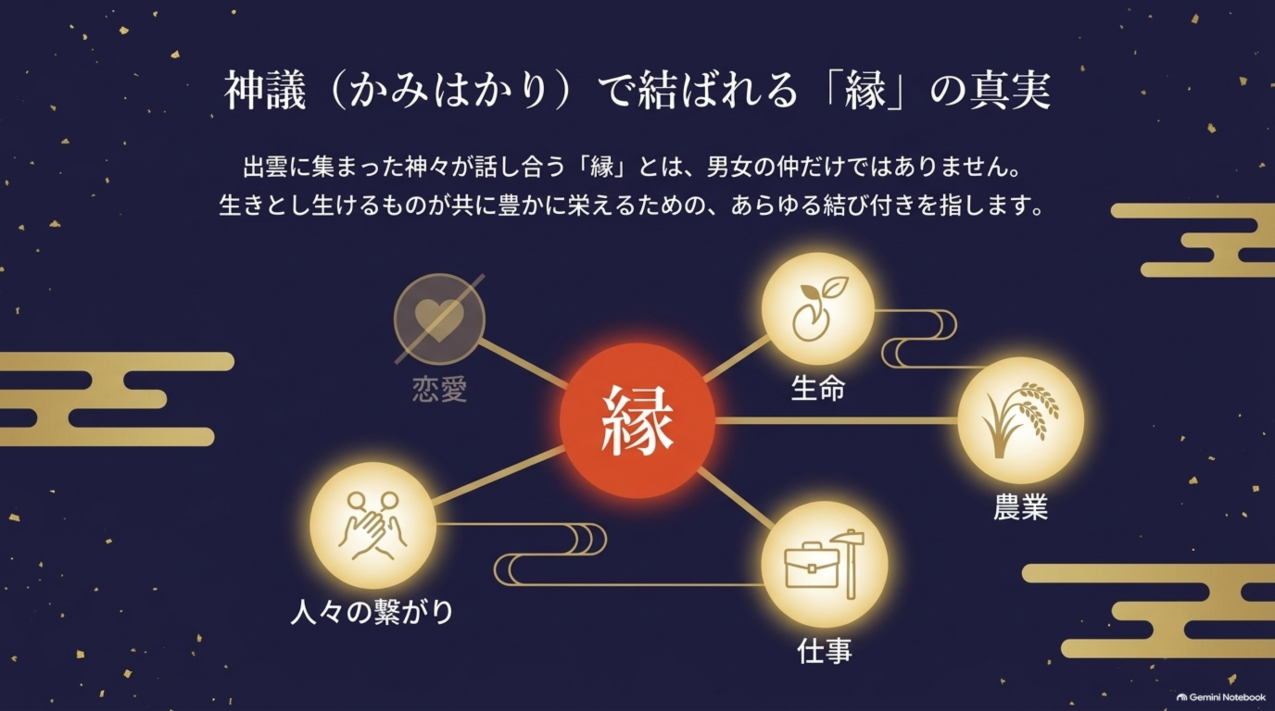 神議（かみはかり）で結ばれる「縁」の真実。出雲に集まった神々が話し合う「縁」とは、男女の仲だけではありません。生命・農業・仕事・人々の繋がりなど、生きとし生けるものが共に豊かに栄えるためのあらゆる結び付きを指します