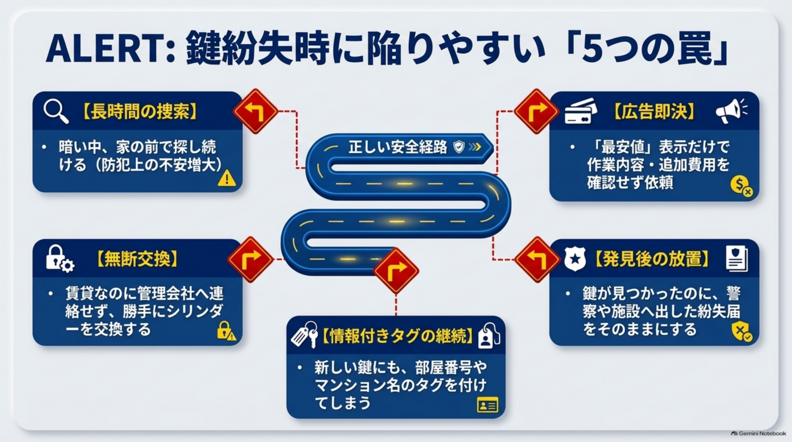 鍵紛失時に陥りやすい5つの罠。長時間の捜索（暗い中、家の前で探し続け防犯上の不安が増大）、広告即決（最安値表示だけで作業内容・追加費用を確認せず依頼）、無断交換（賃貸なのに管理会社へ連絡せず勝手にシリンダーを交換）、情報付きタグの継続（新しい鍵にも部屋番号やマンション名のタグを付ける）、発見後の放置（鍵が見つかったのに警察や施設へ出した紛失届をそのままにする）