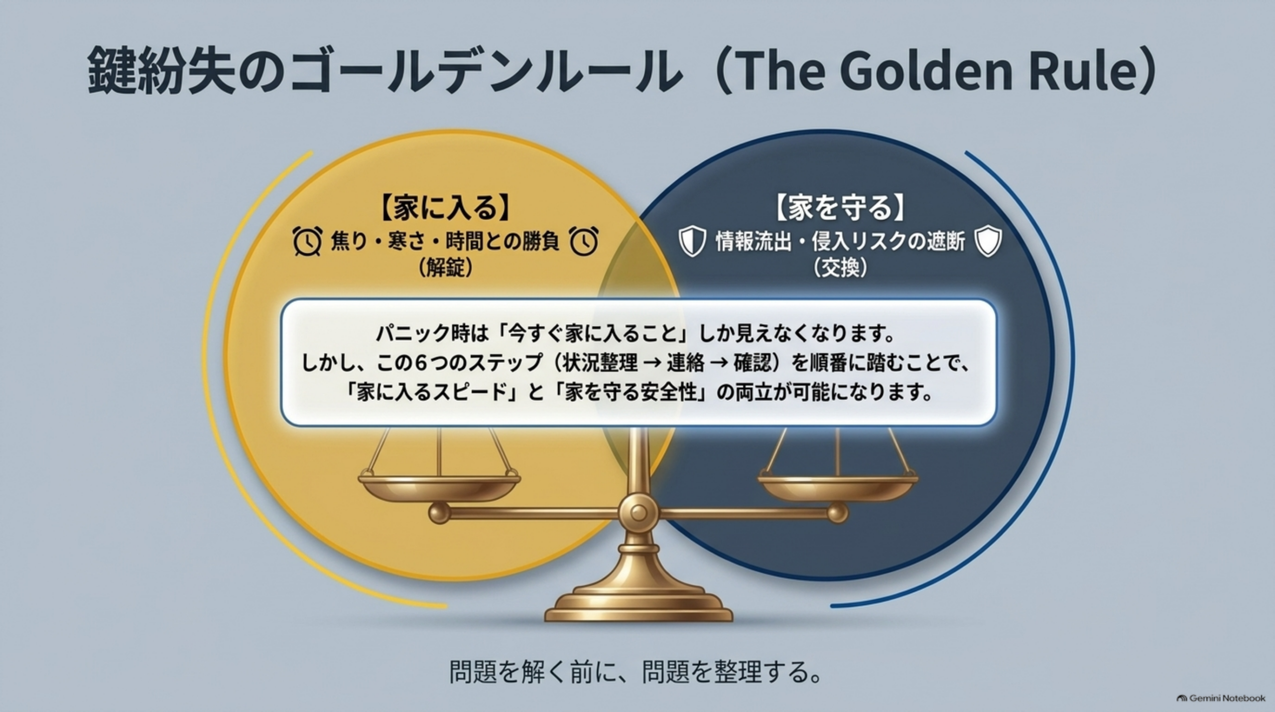 鍵紛失のゴールデンルール。【家に入る】は焦り・寒さ・時間との勝負（解錠）、【家を守る】は情報流出・侵入リスクの遮断（交換）。パニック時は今すぐ家に入ることしか見えなくなるが、6つのステップ（状況整理→連絡→確認）を順番に踏むことで、家に入るスピードと家を守る安全性の両立が可能になる。問題を解く前に、問題を整理する