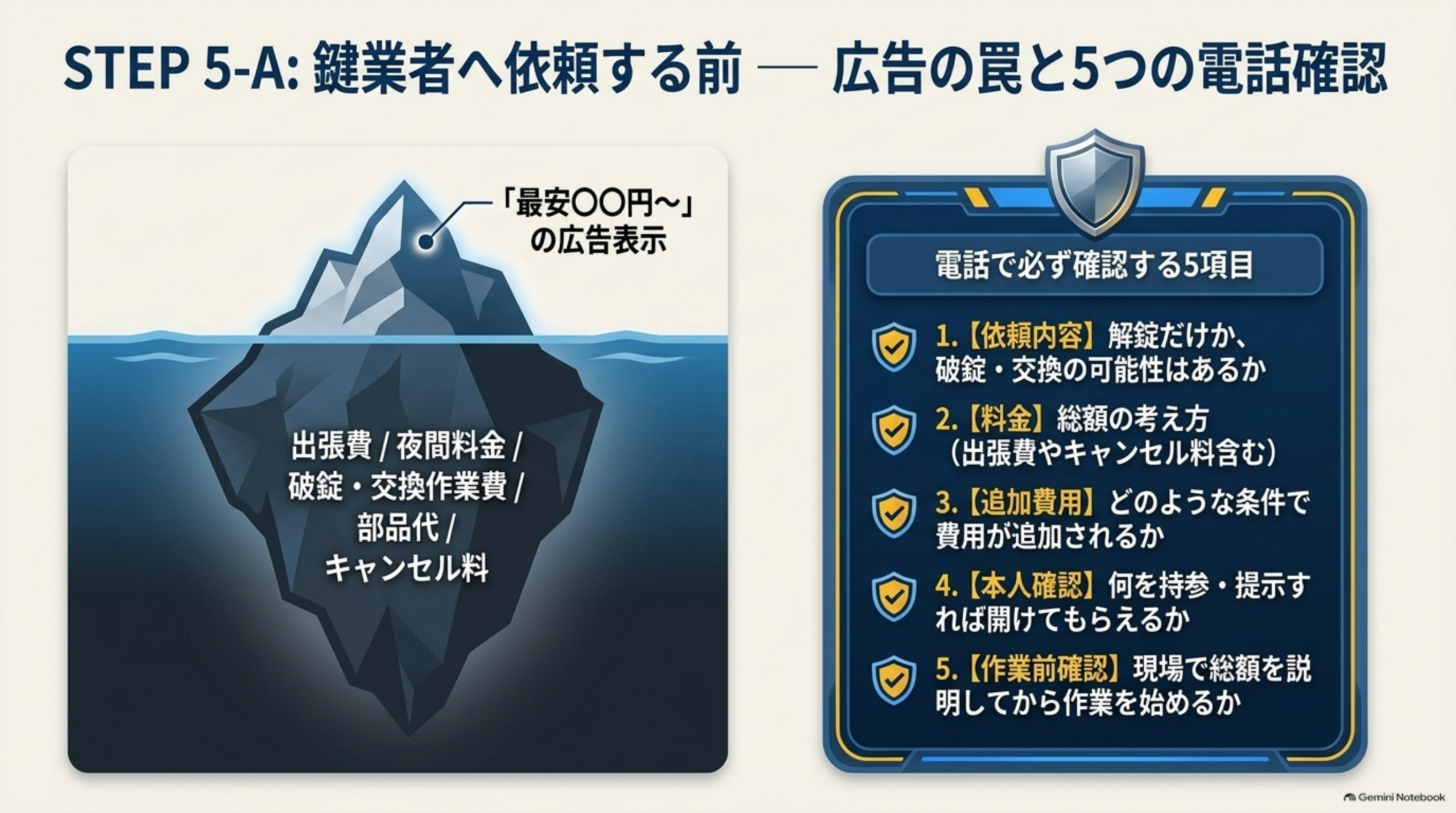 STEP5-A 鍵業者へ依頼する前、広告の罠と5つの電話確認。「最安〇〇円〜」の広告表示の下には出張費・夜間料金・破錠・交換作業費・部品代・キャンセル料が隠れている。電話で必ず確認する5項目は1依頼内容2料金の総額の考え方3追加費用の条件4本人確認5作業前確認