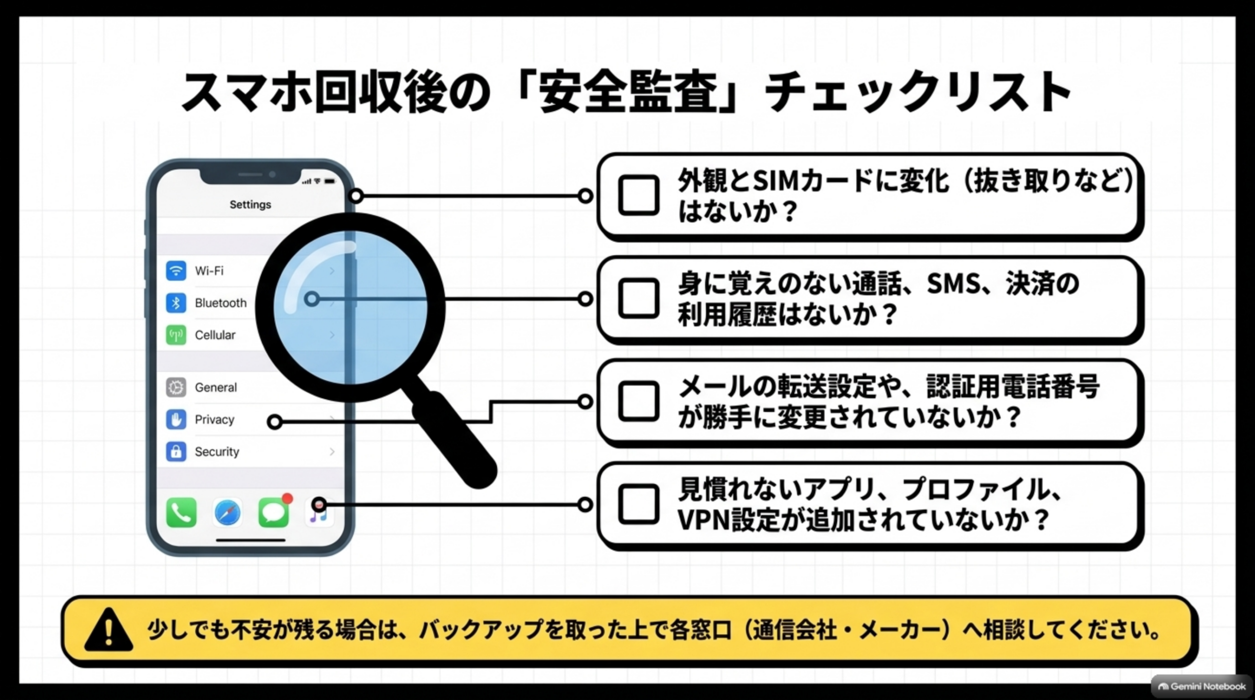 スマホ回収後の安全監査チェックリスト（外観・利用履歴・ログイン履歴・不審な設定変更）