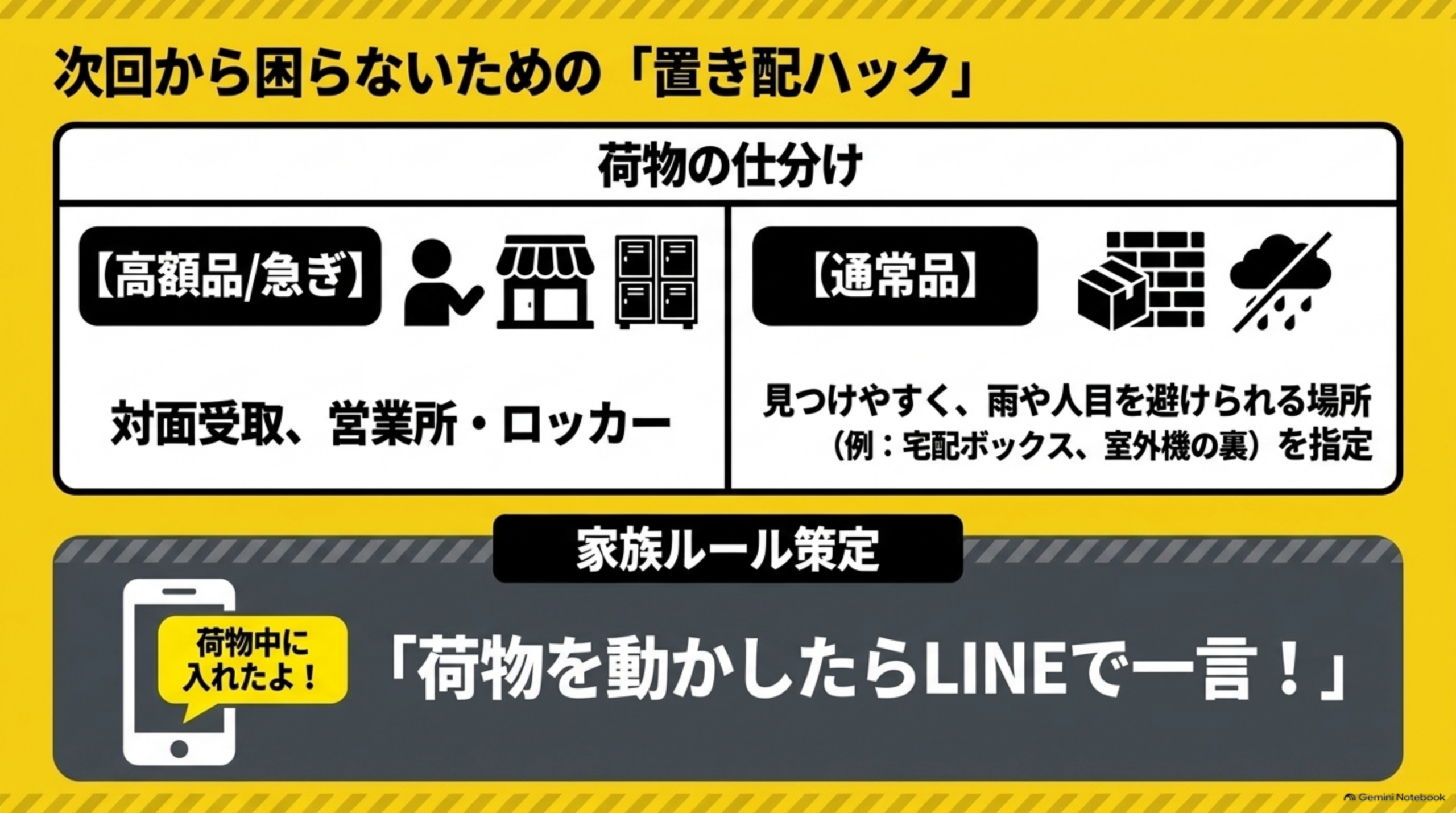 次回から困らないための置き配の工夫。高額品や急ぎの品は対面受取やロッカー、通常品は見つけやすい場所を指定し、家族ルールを決める