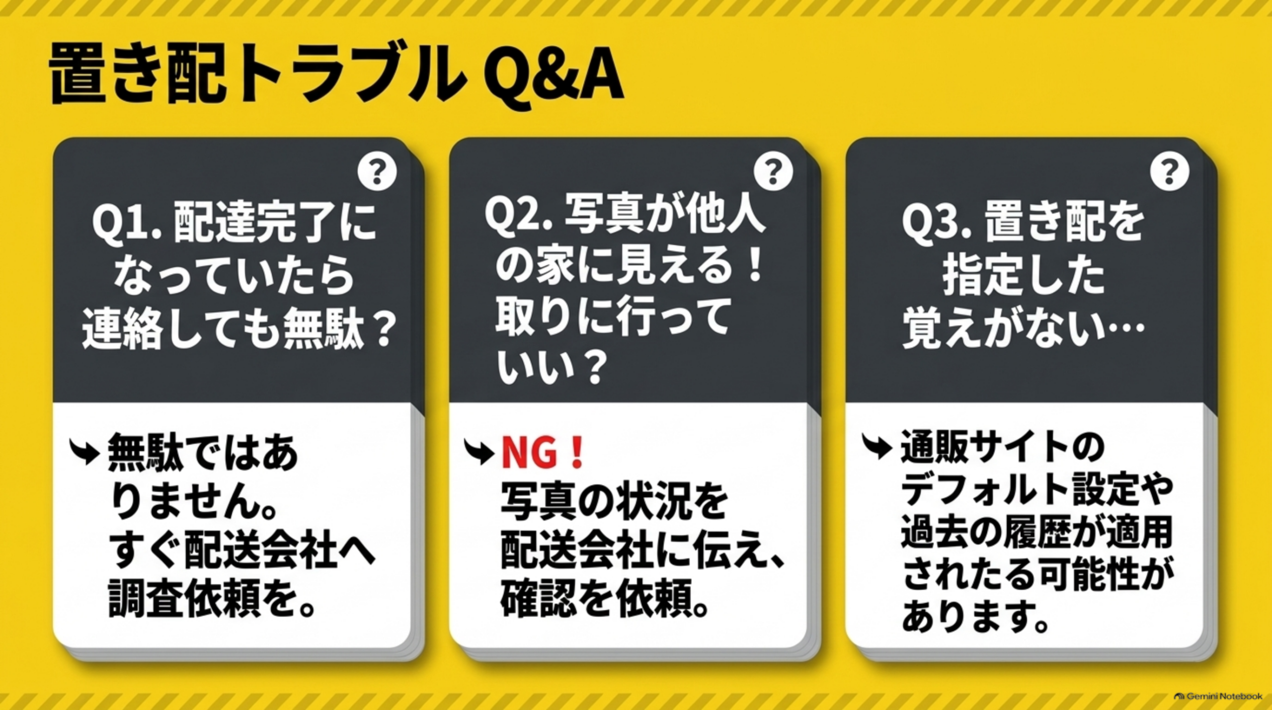 置き配トラブルQ&A。配達完了でも配送会社へ調査依頼、写真が他人の家に見えても取りに行かない、置き配指定の覚えがない場合の理由