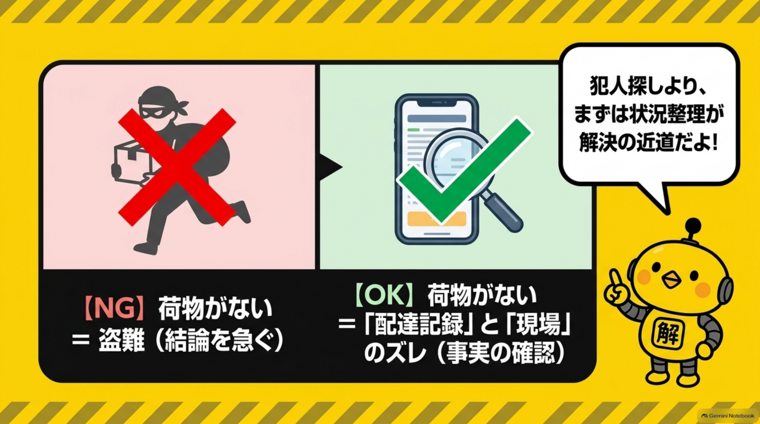 荷物がない＝盗難と結論を急ぐのはNG。配達記録と現場のズレを事実として確認するのがOKという比較図