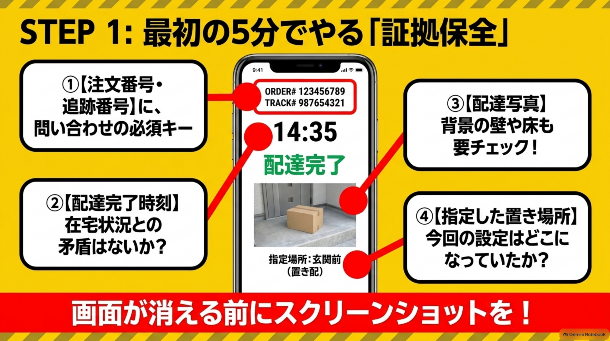 最初の5分で行う証拠保全。注文番号と追跡番号、配達完了時刻、配達写真の背景、指定した置き場所を画面が消える前に保存する